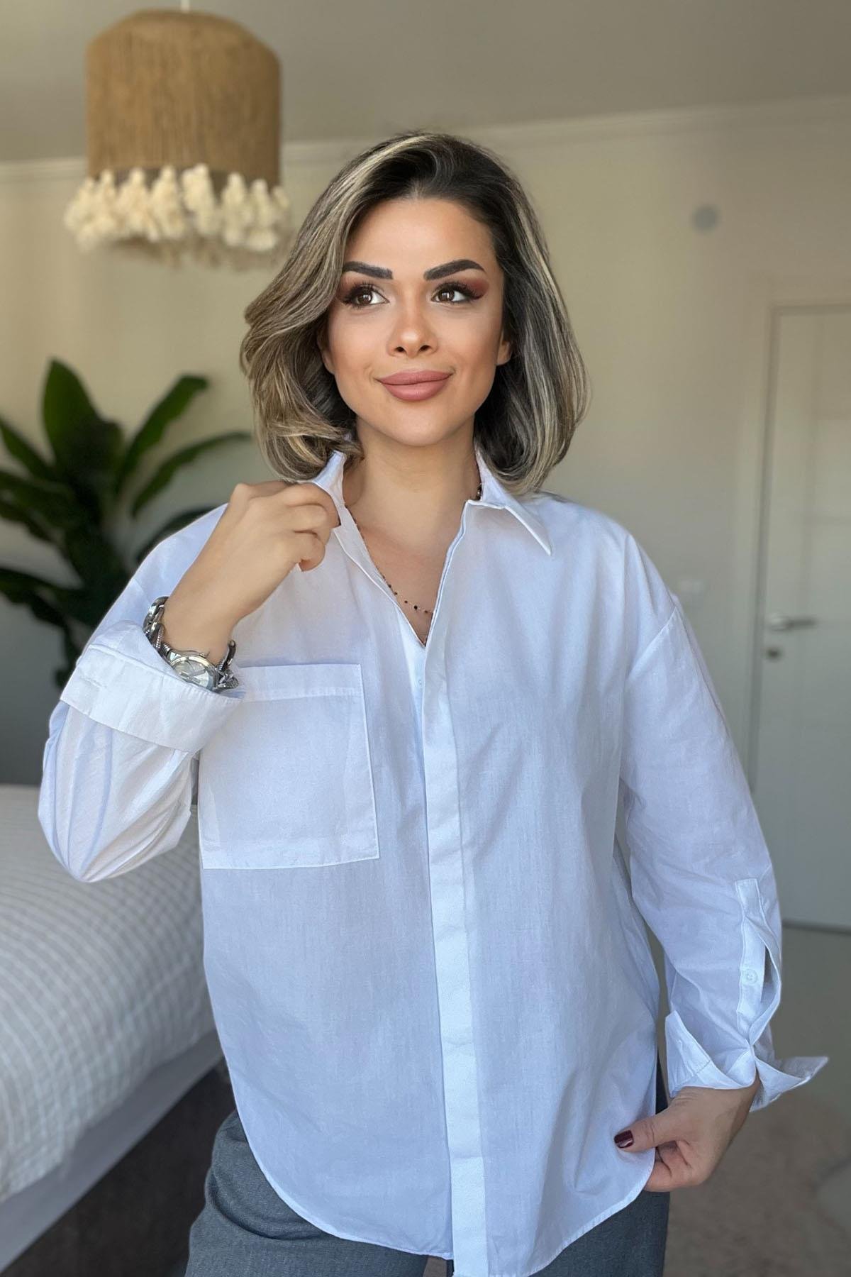 Eswomes Tek Cepli Oversize Gömlek Beyaz
