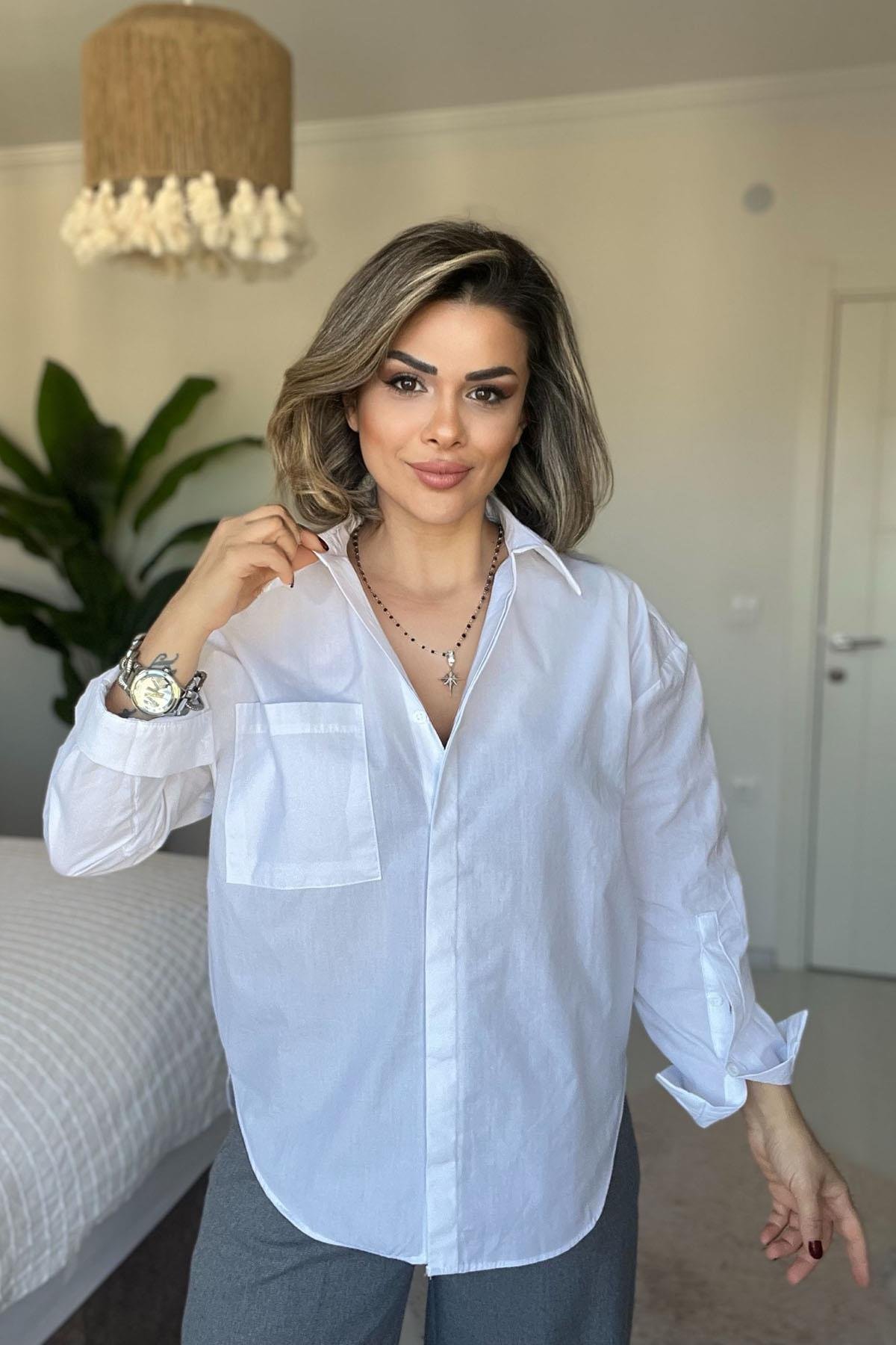 Eswomes Tek Cepli Oversize Gömlek Beyaz