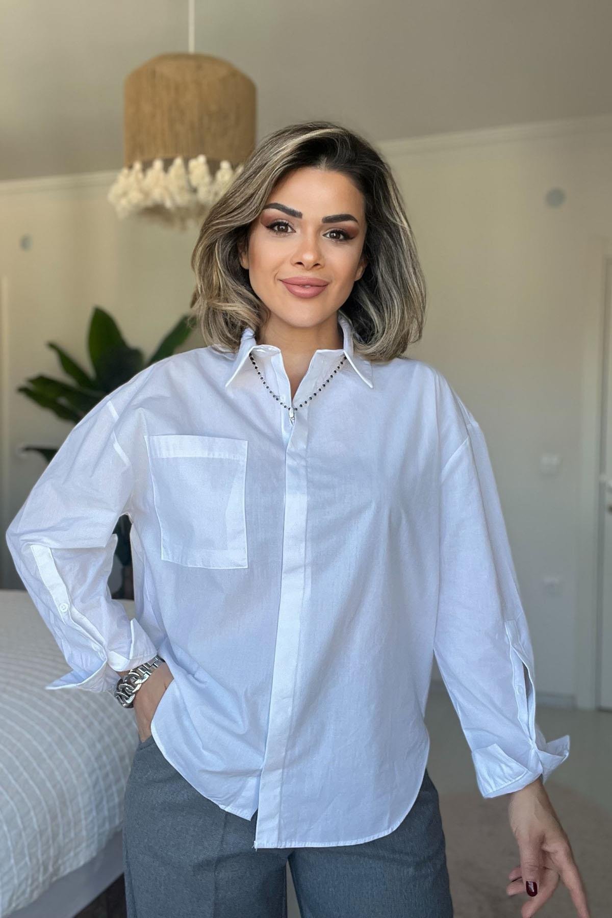 Eswomes Tek Cepli Oversize Gömlek Beyaz