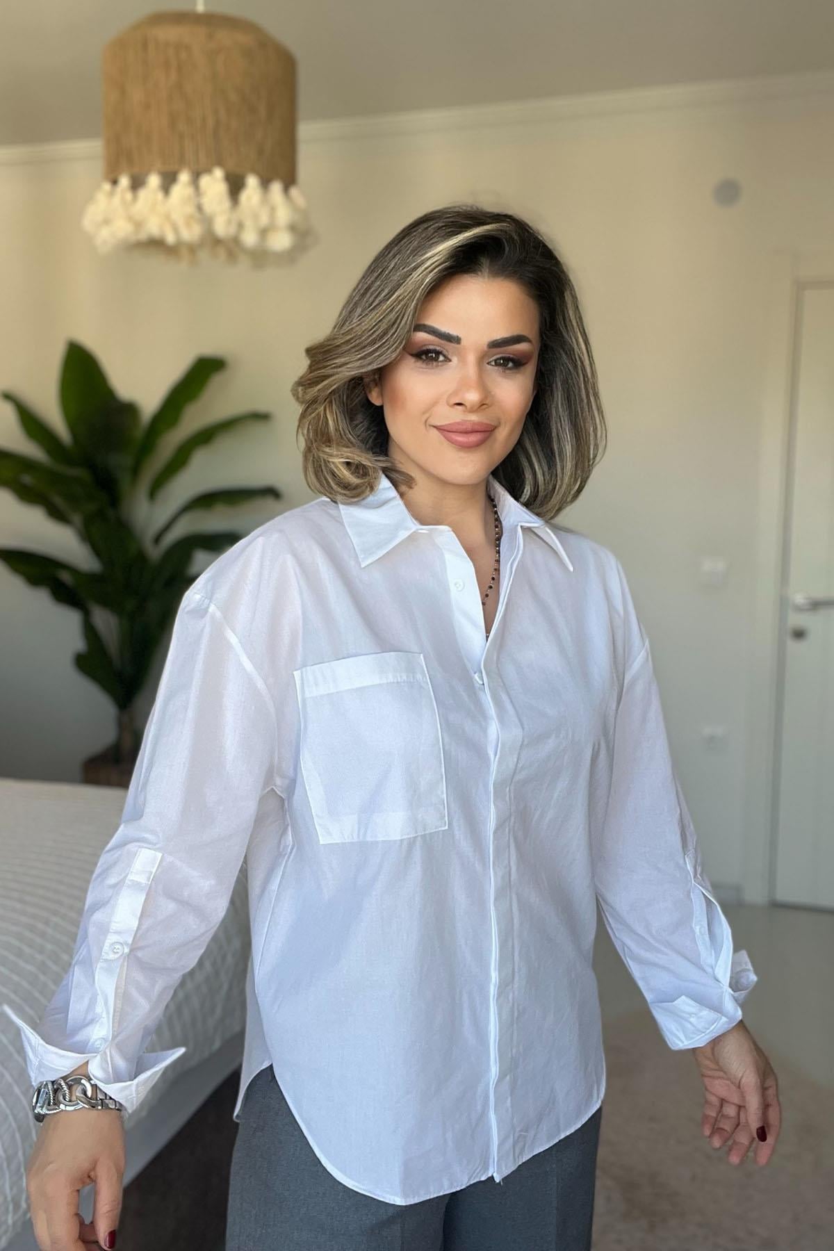 Eswomes Tek Cepli Oversize Gömlek Beyaz