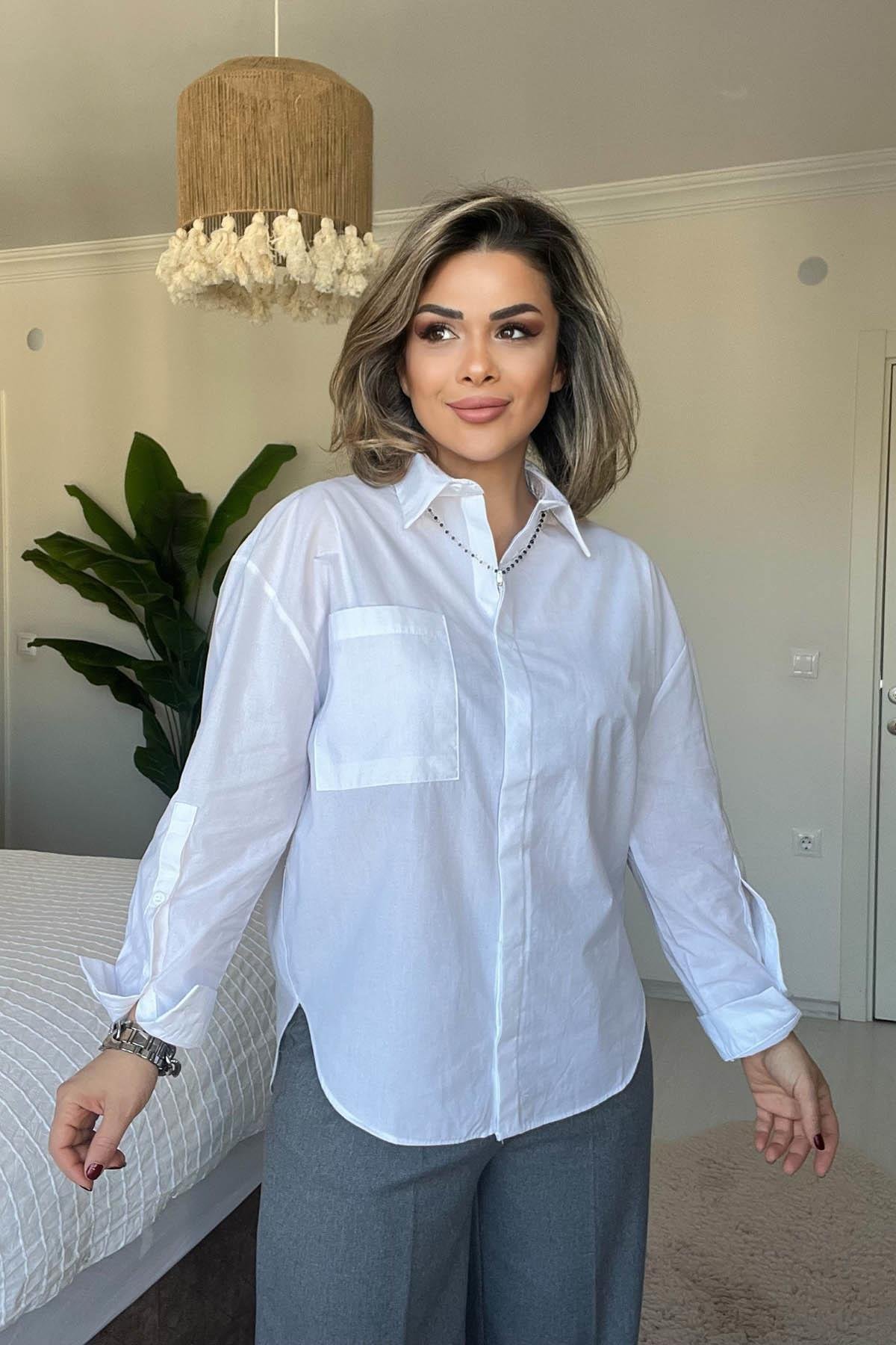 Eswomes Tek Cepli Oversize Gömlek Beyaz
