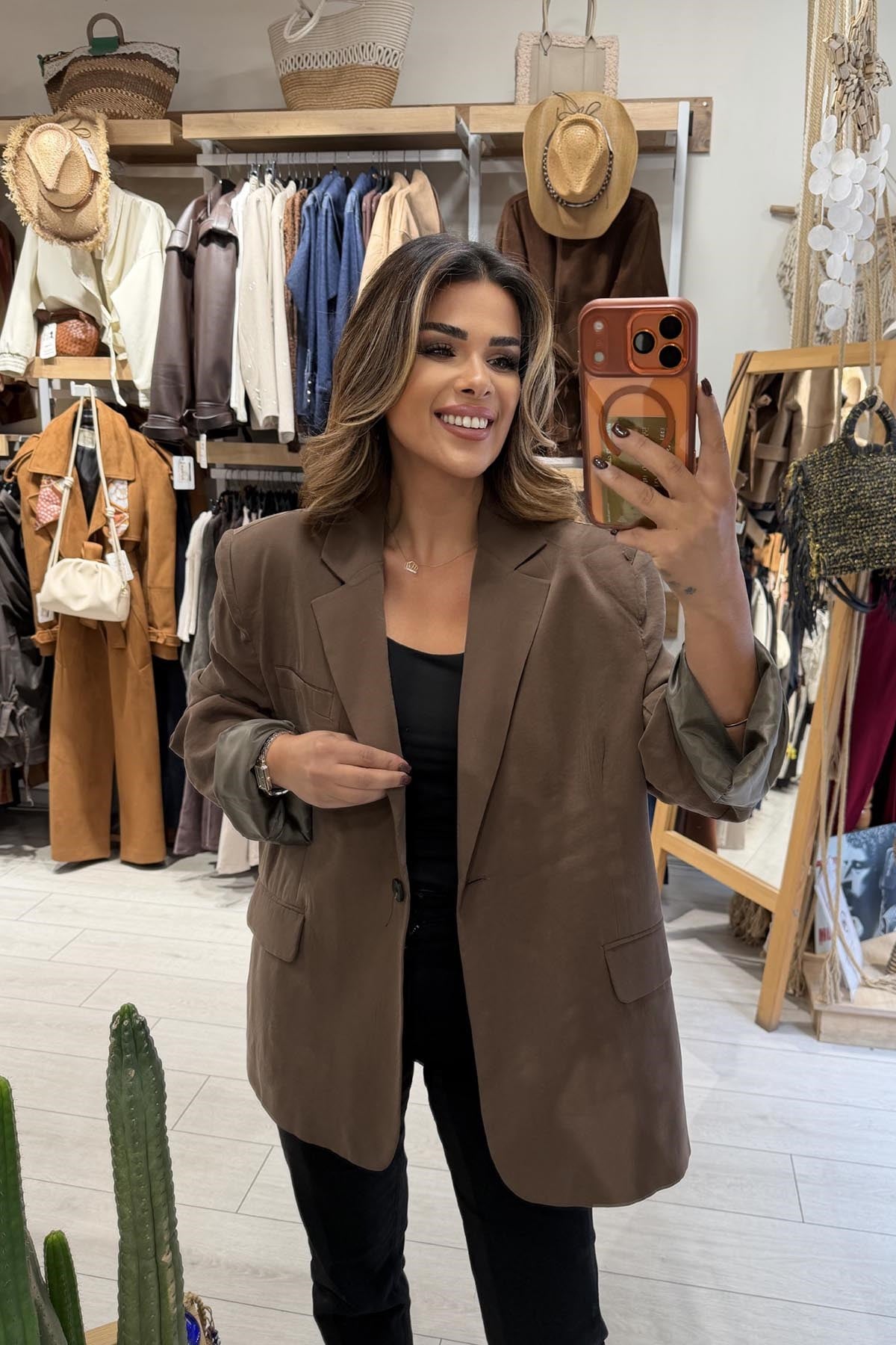 Eswomes Tek Düğmeli Oversize Ceket Kahverengi