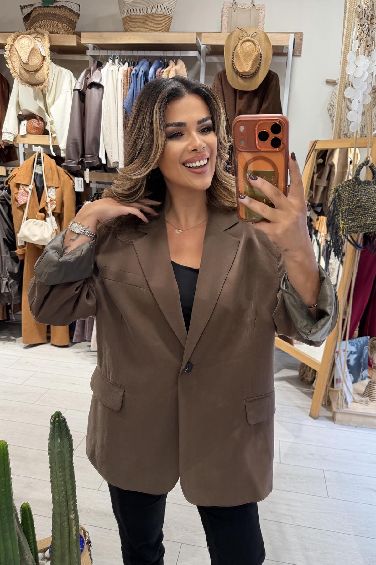 Eswomes Tek Düğmeli Oversize Ceket Kahverengi