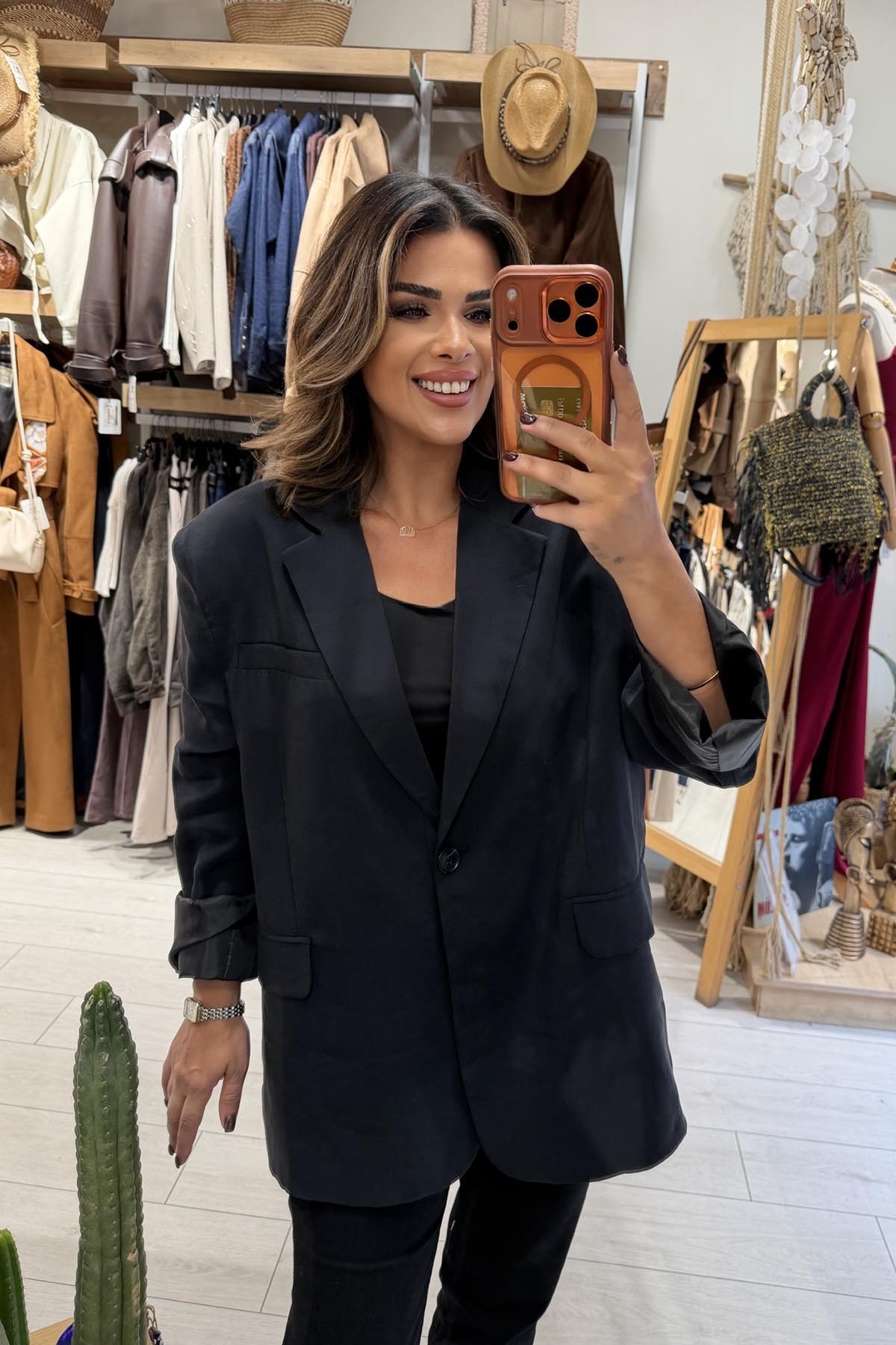 Eswomes Tek Düğmeli Oversize Ceket Siyah
