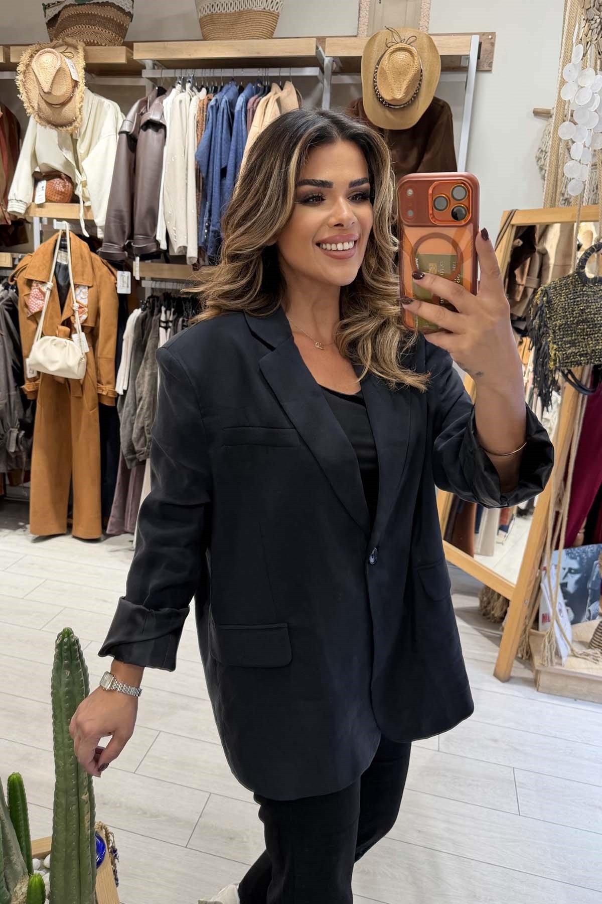 Eswomes Tek Düğmeli Oversize Ceket Siyah
