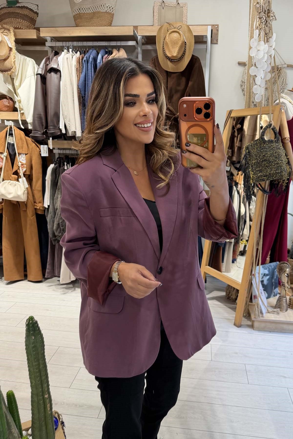 Eswomes Tek Düğmeli Oversize Ceket vişne