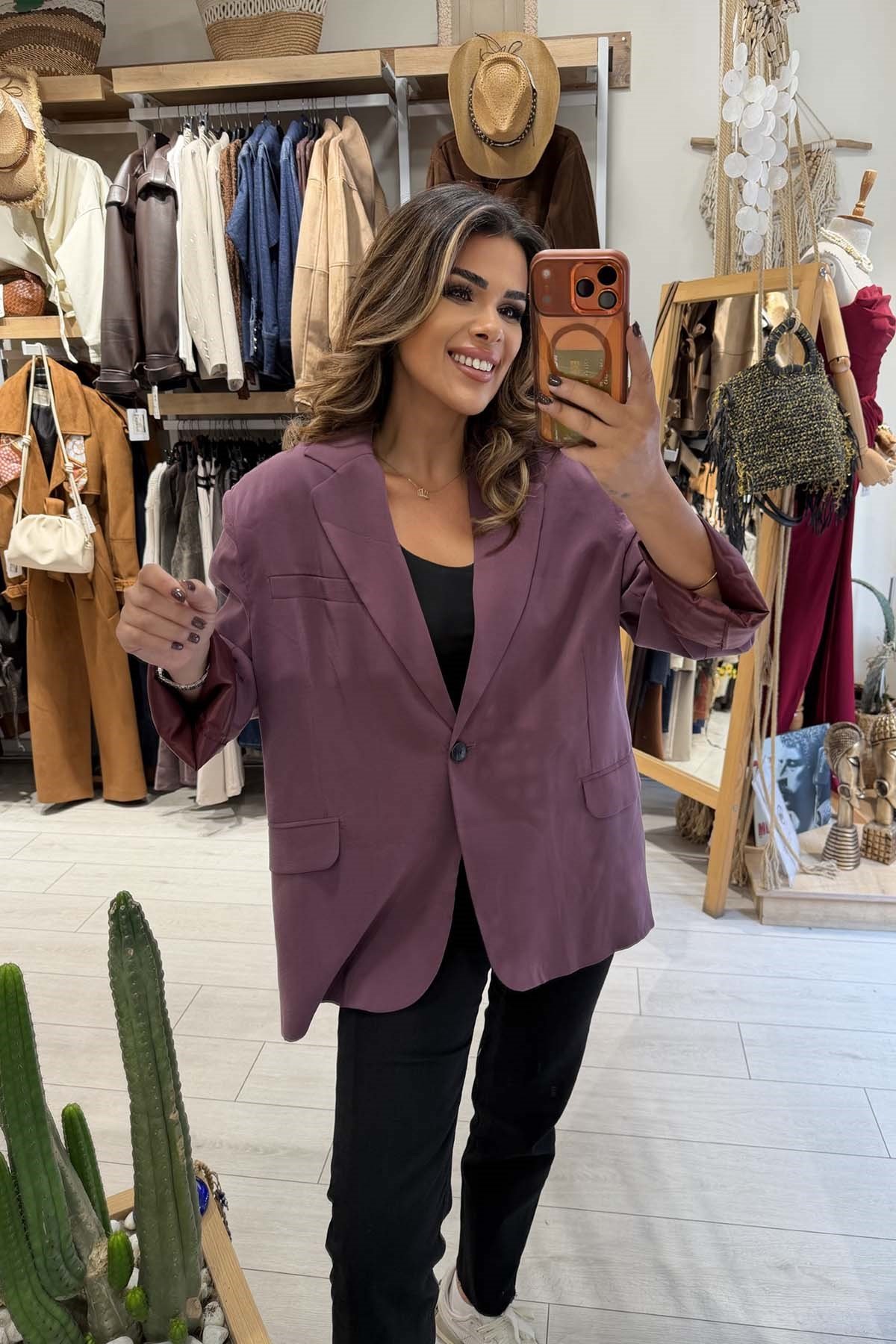 Eswomes Tek Düğmeli Oversize Ceket vişne