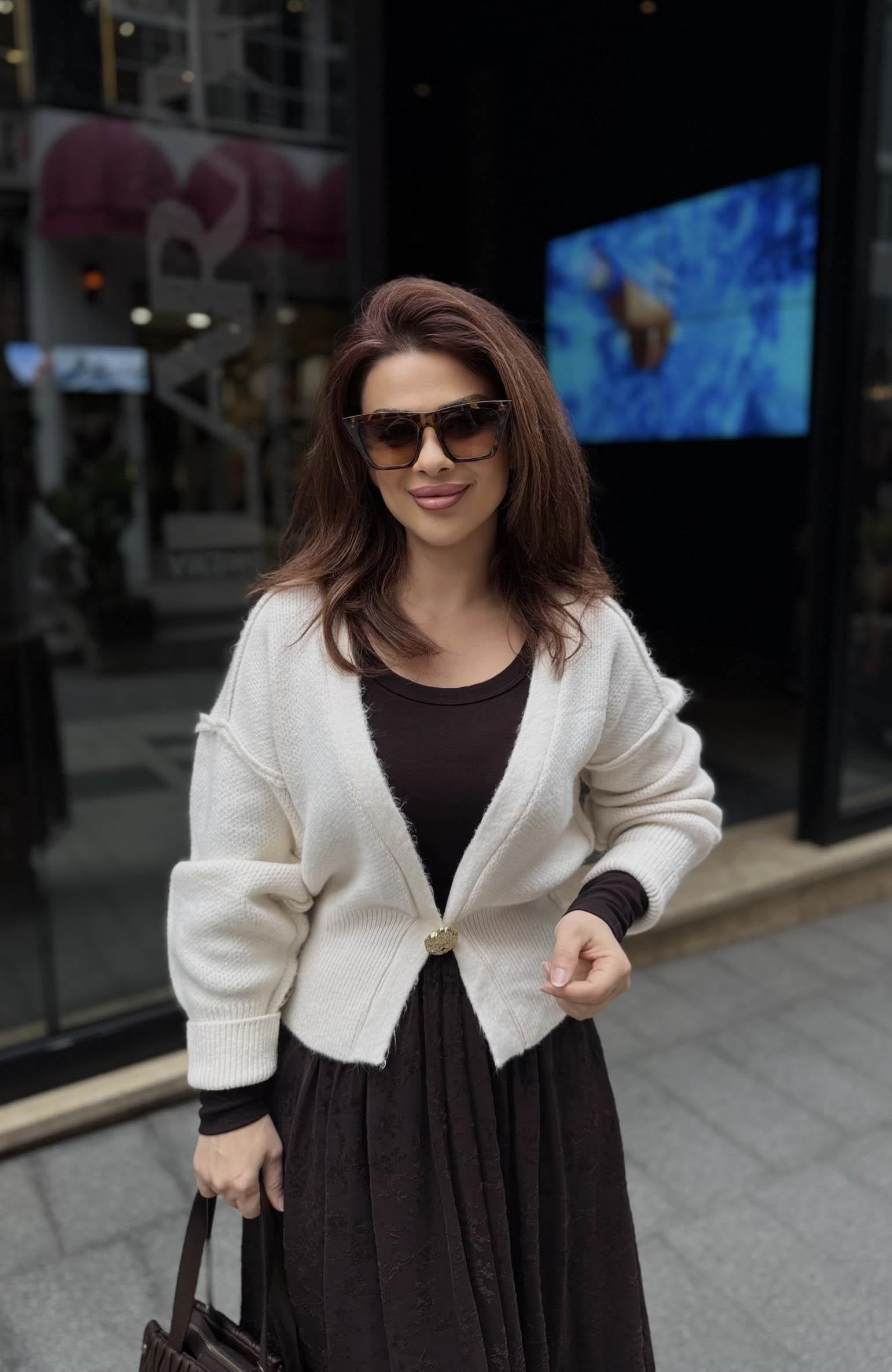 Eswomes Ters Dikişli Tek Düğmeli Hırka Krem