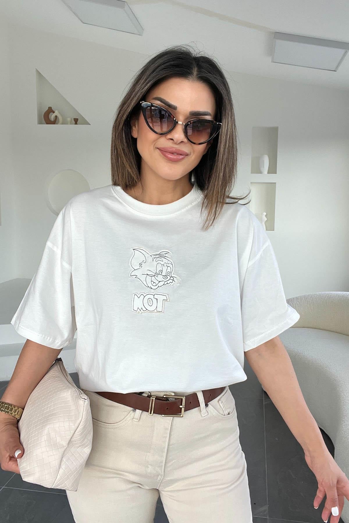 Eswomes Tom İşlemeli Tişört Beyaz