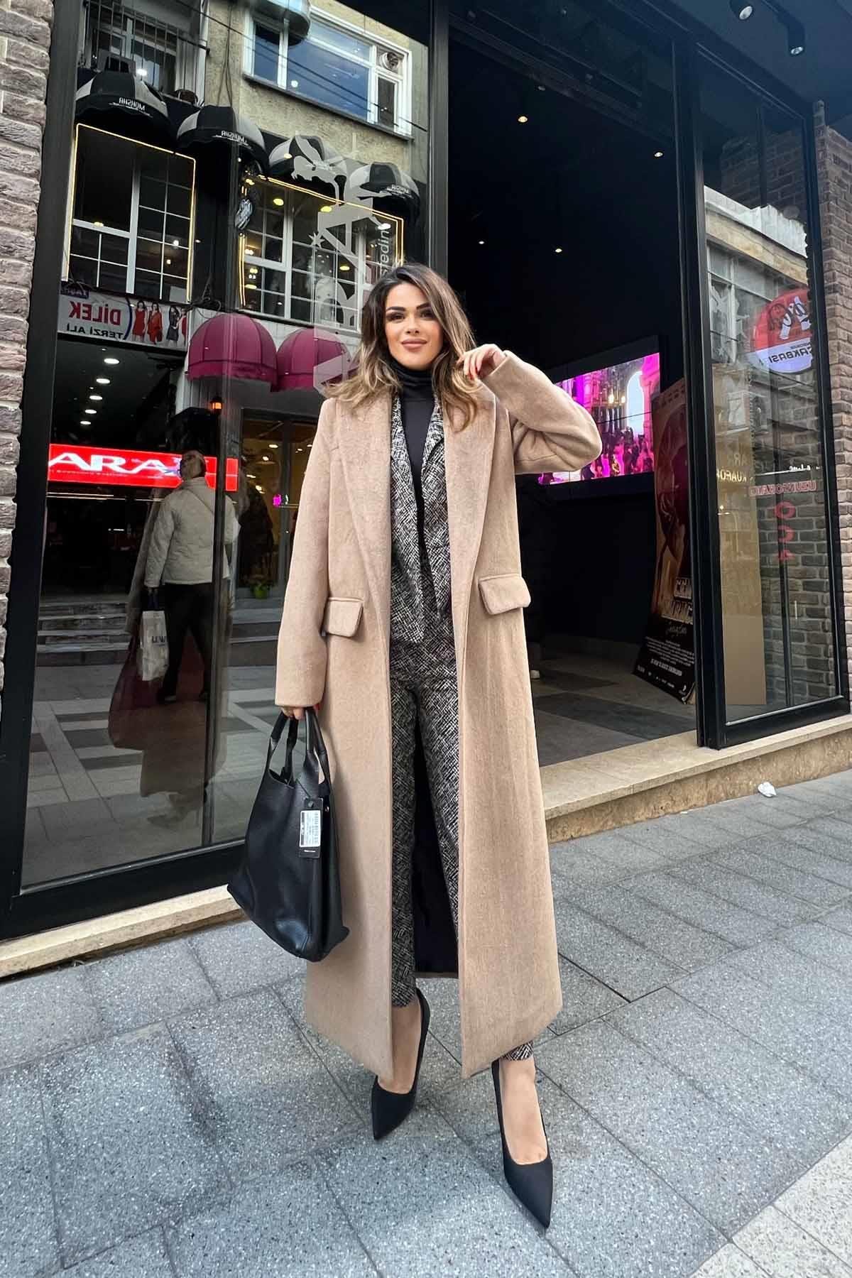 Eswomes Torba Cep Detay Uzun Kaşe Kaban Camel