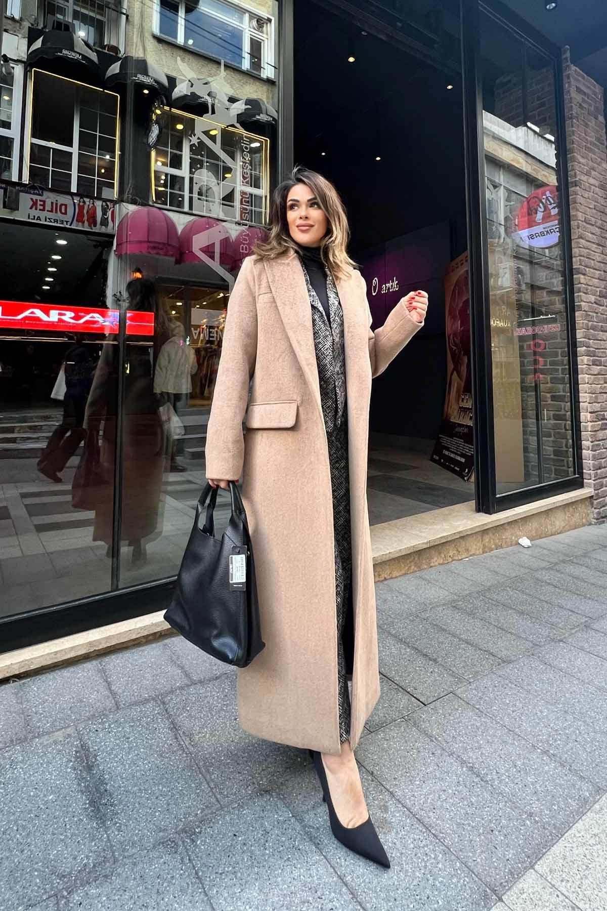 Eswomes Torba Cep Detay Uzun Kaşe Kaban Camel