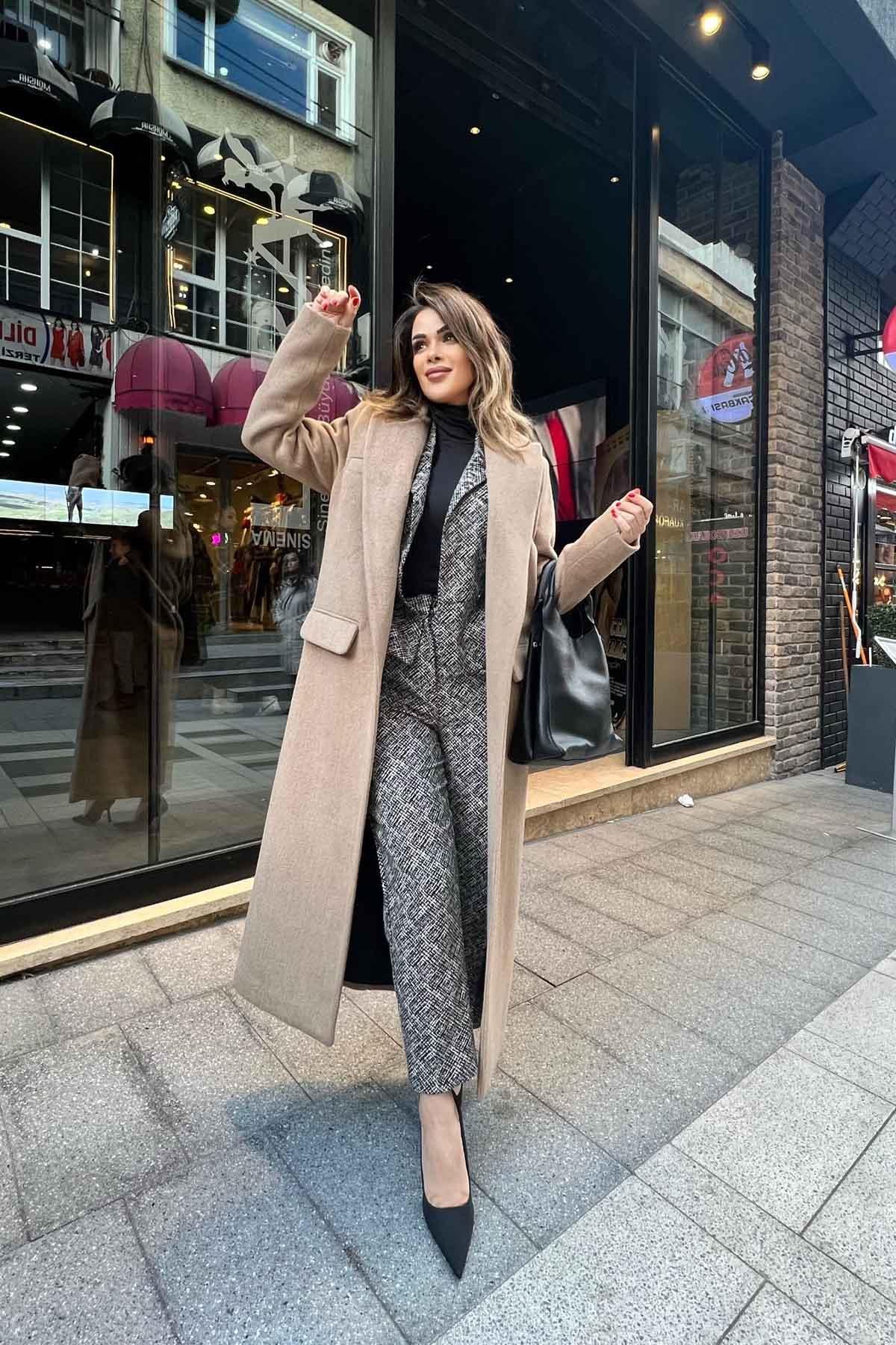 Eswomes Torba Cep Detay Uzun Kaşe Kaban Camel