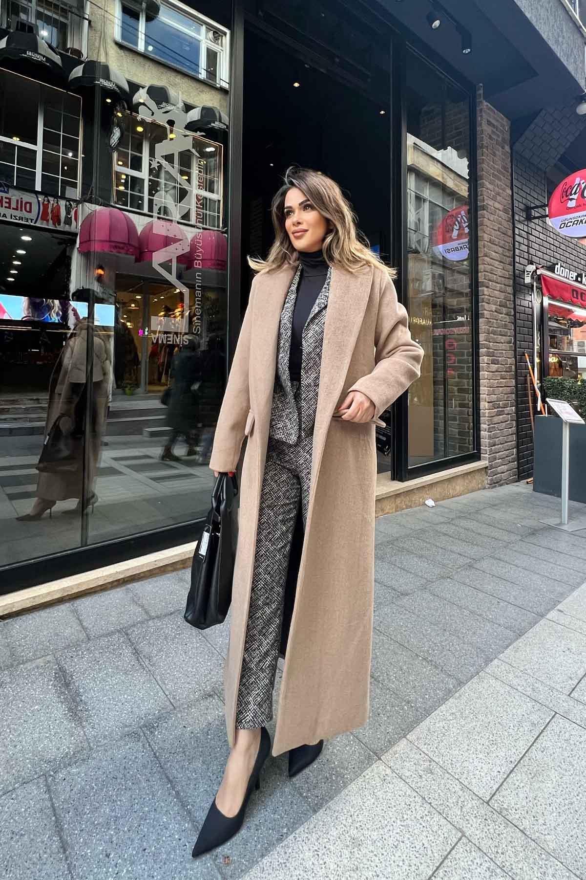 Eswomes Torba Cep Detay Uzun Kaşe Kaban Camel