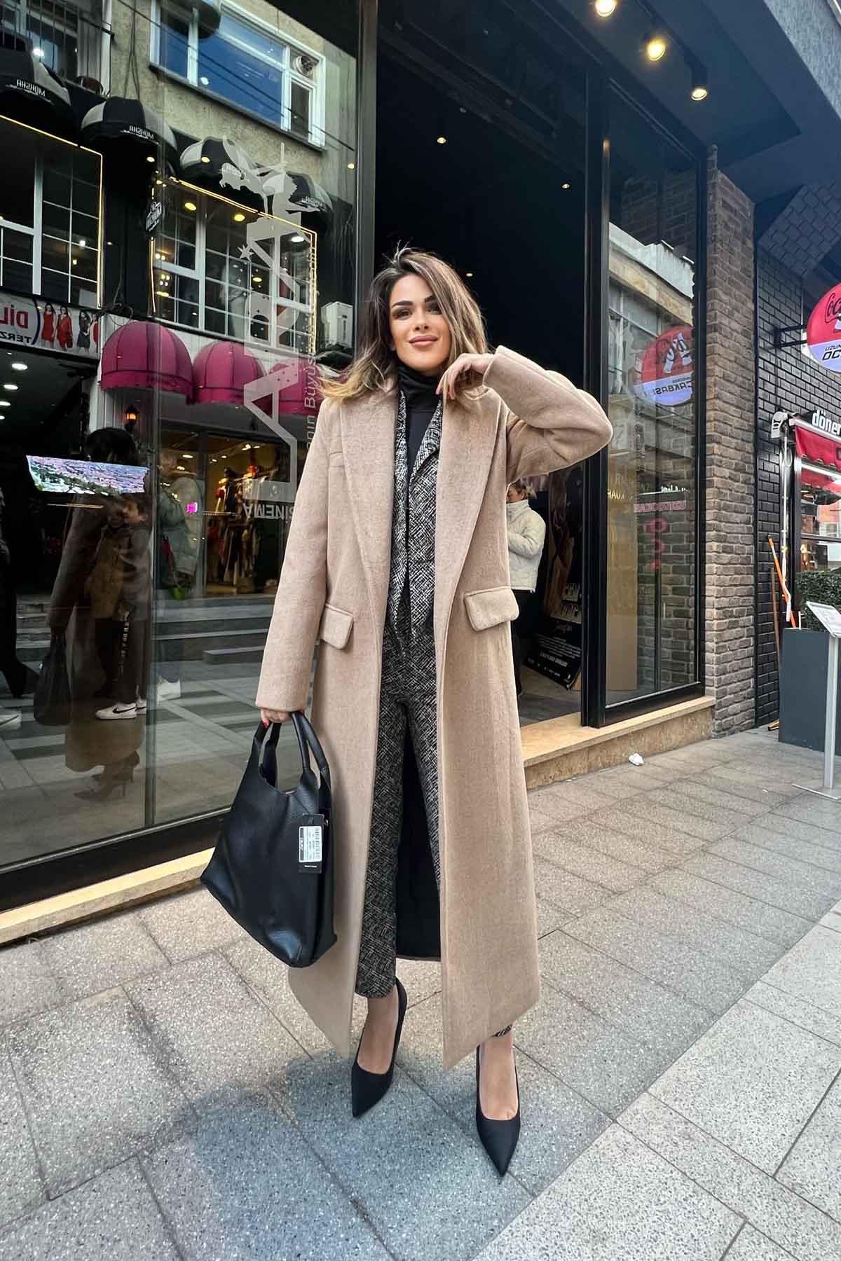 Eswomes Torba Cep Detay Uzun Kaşe Kaban Camel