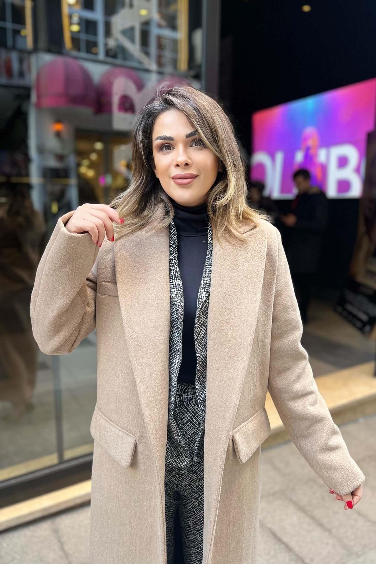 Eswomes Torba Cep Detay Uzun Kaşe Kaban Camel