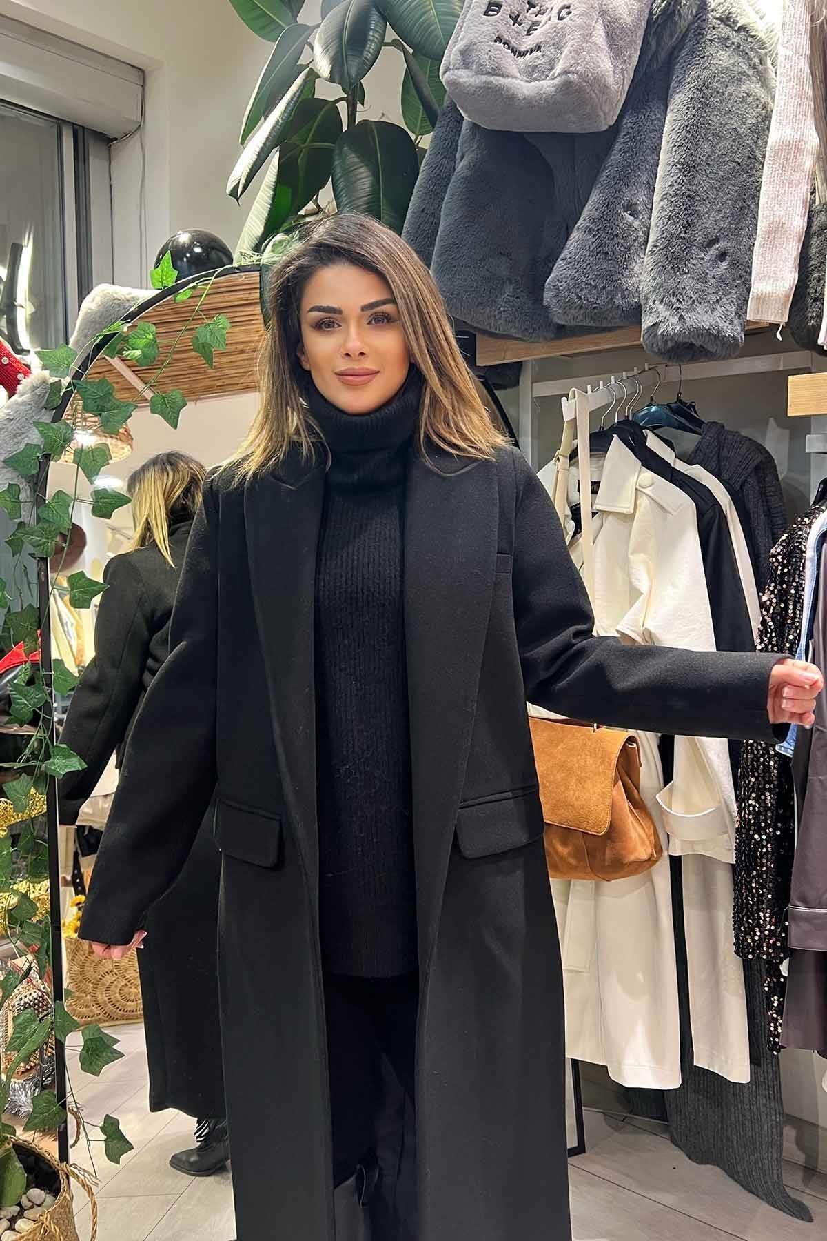 Eswomes Torba Cep Detay Uzun Kaşe Kaban Siyah