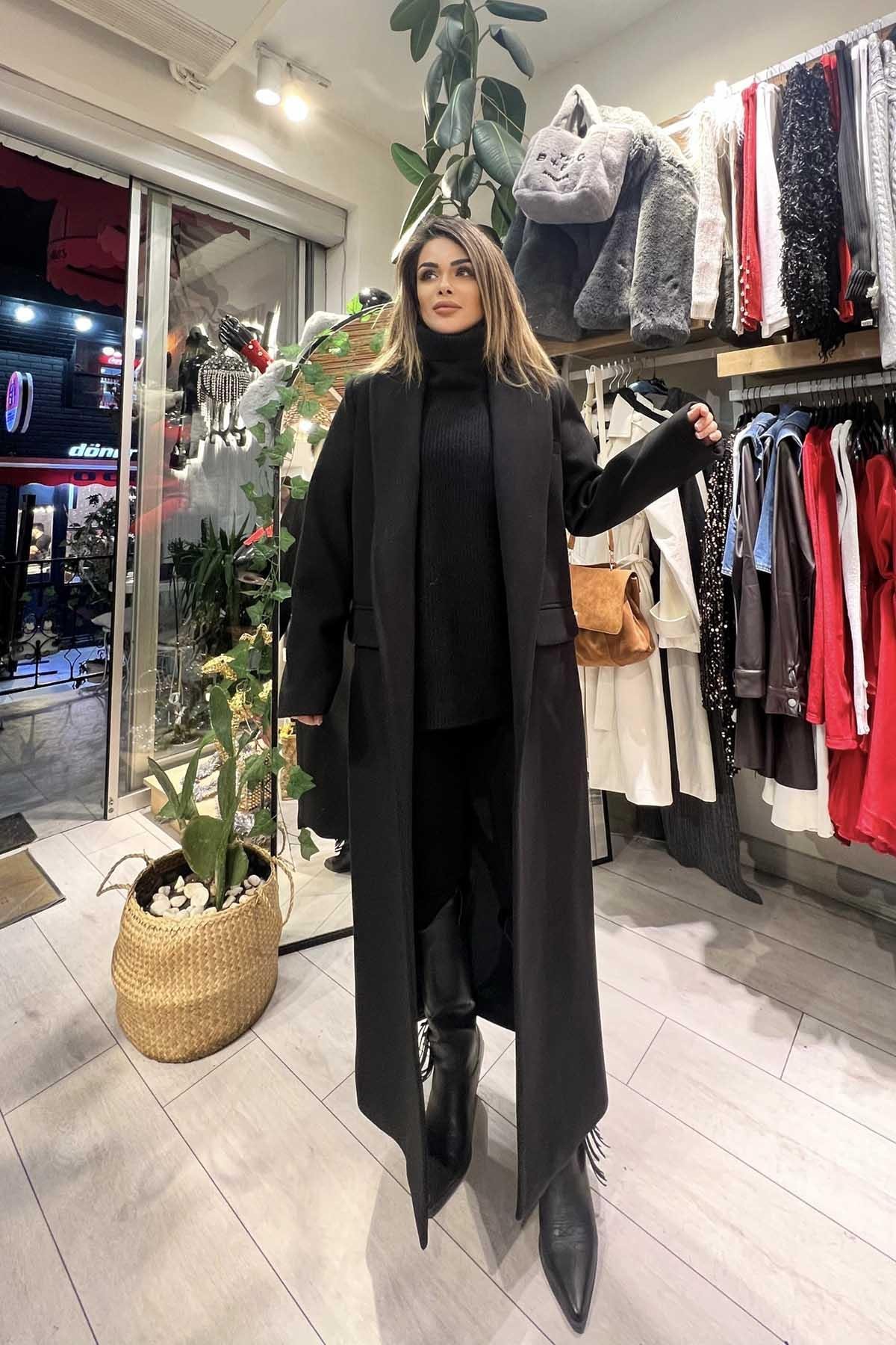 Eswomes Torba Cep Detay Uzun Kaşe Kaban Siyah