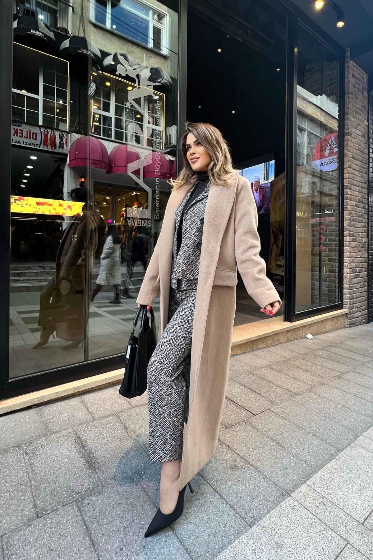 Eswomes Torba Cep Detay Uzun Kaşe Kaban Camel