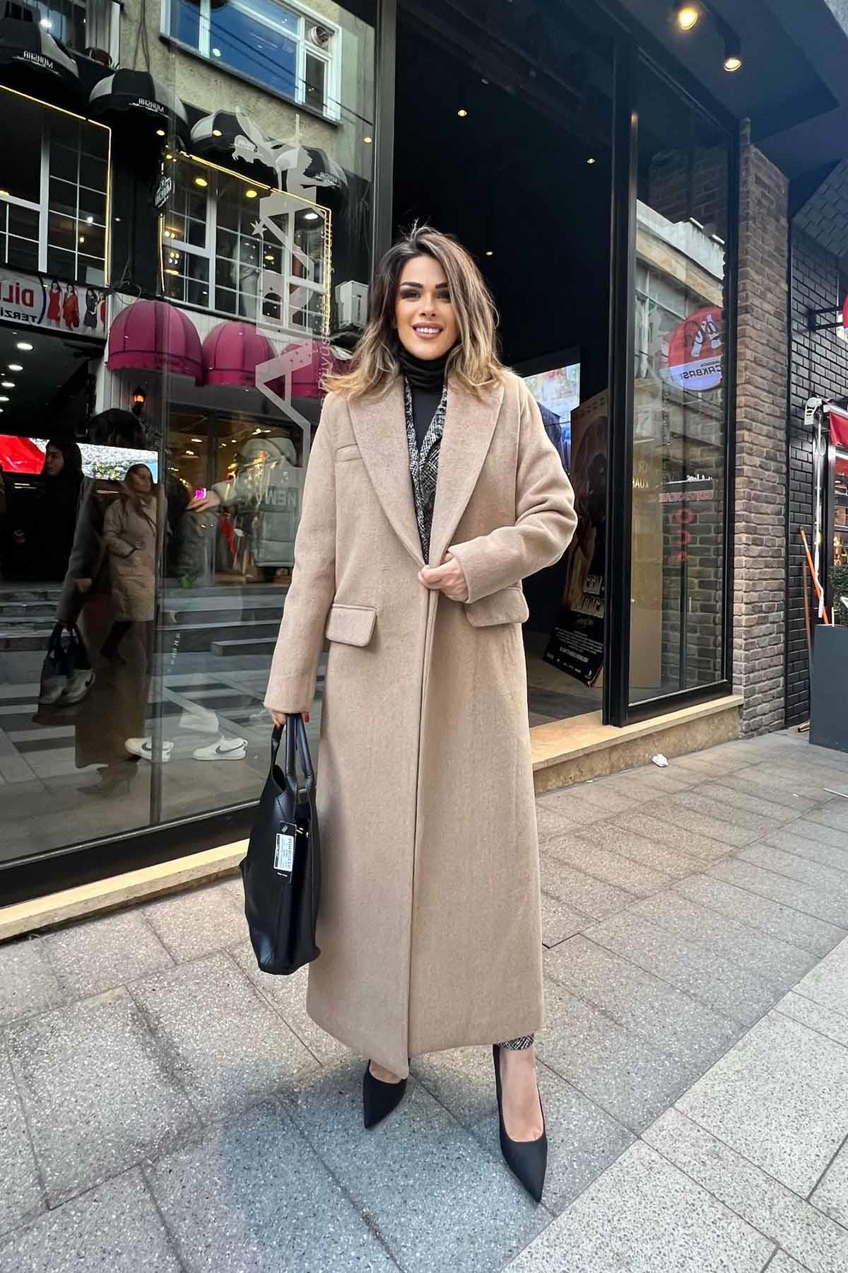 Eswomes Torba Cep Detay Uzun Kaşe Kaban Camel