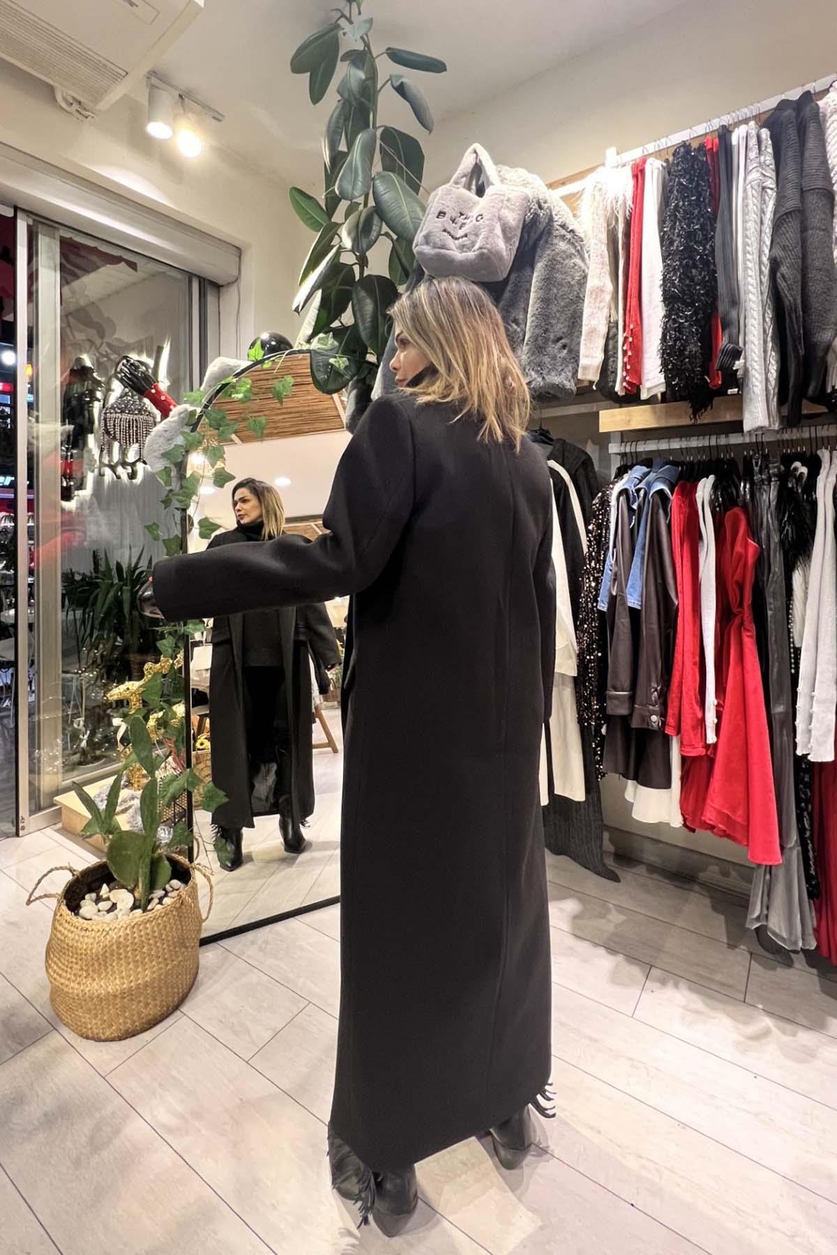 Eswomes Torba Cep Detay Uzun Kaşe Kaban Siyah