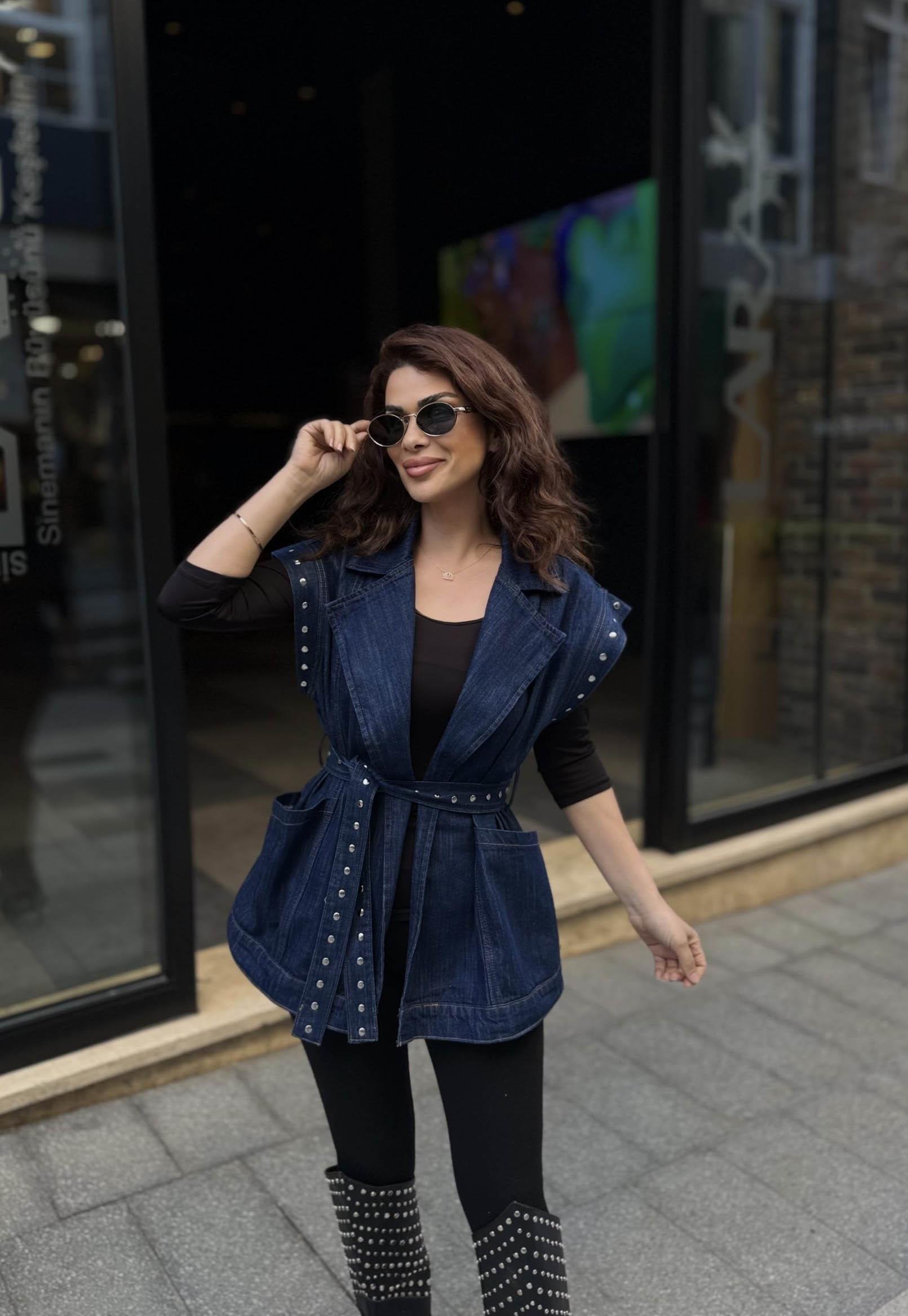 Eswomes Troklu Kuşaklı Oversize Yelek Lacivert