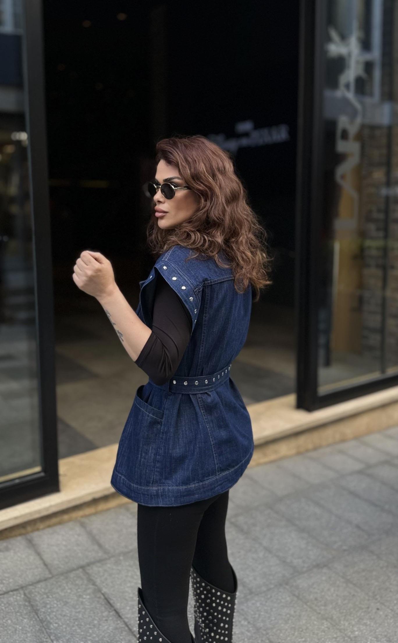 Eswomes Troklu Kuşaklı Oversize Yelek Lacivert
