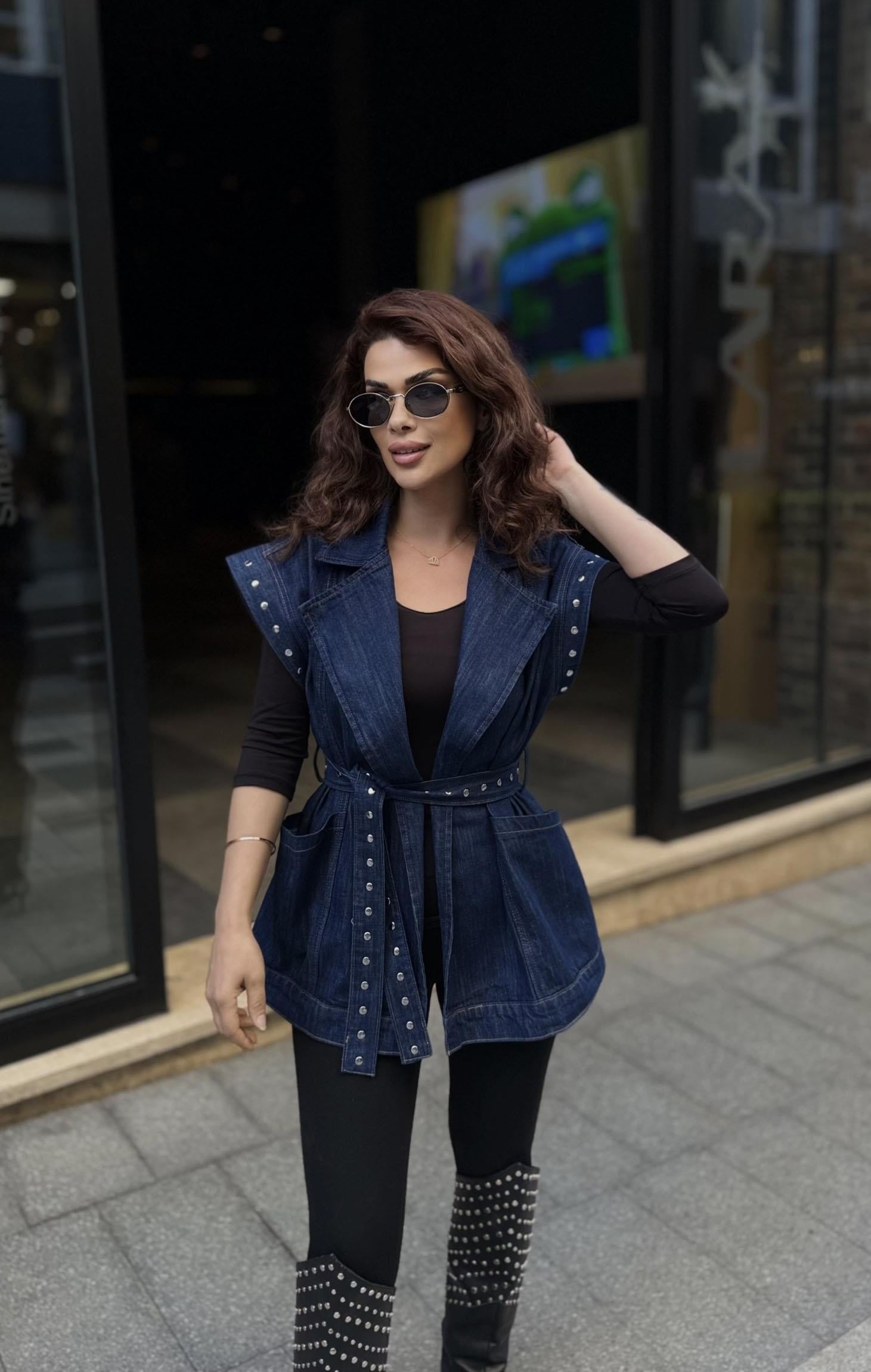 Eswomes Troklu Kuşaklı Oversize Yelek Lacivert