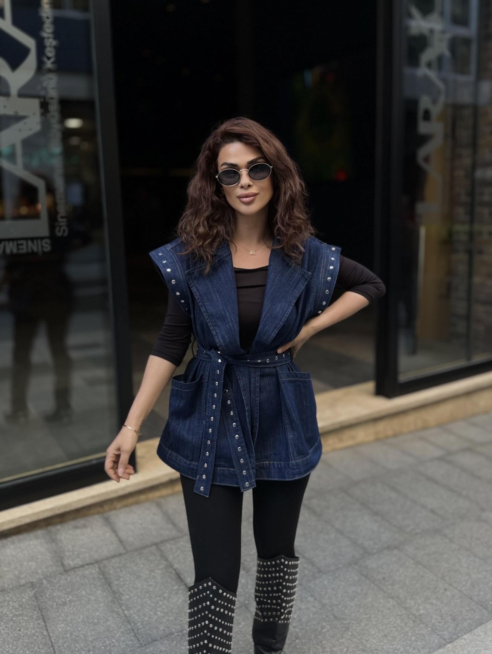 Eswomes Troklu Kuşaklı Oversize Yelek Lacivert