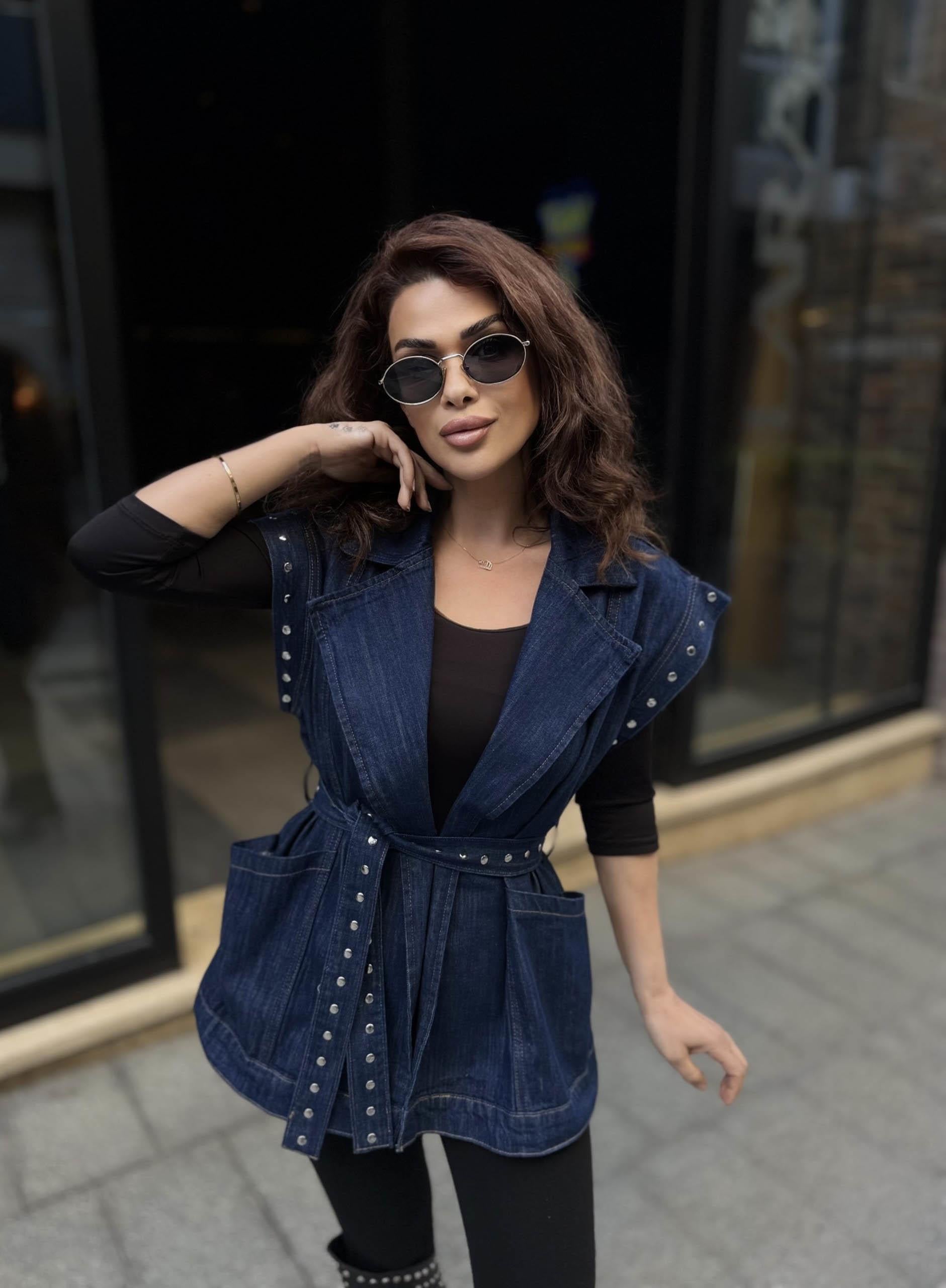 Eswomes Troklu Kuşaklı Oversize Yelek Lacivert