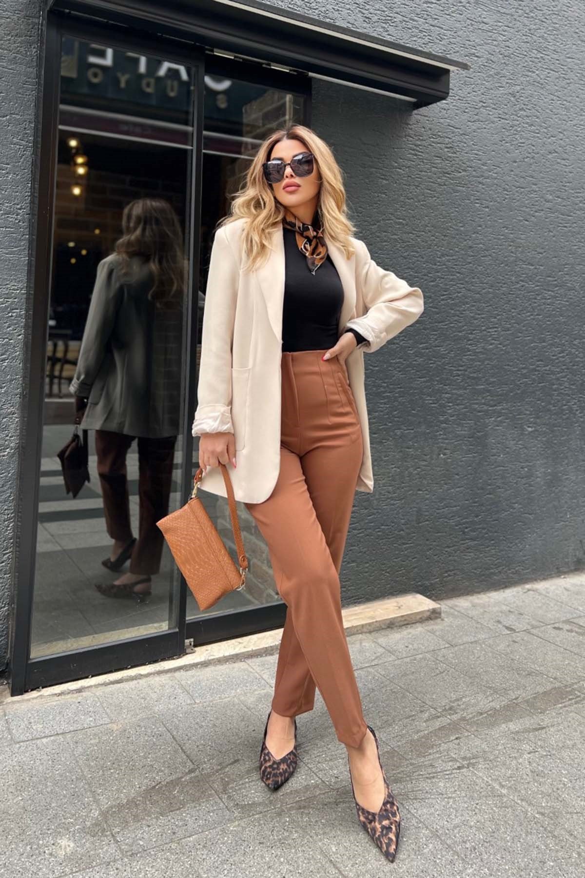 Eswomes Ütü İzli Boru Paça Klasik Kumaş Pantolon Camel