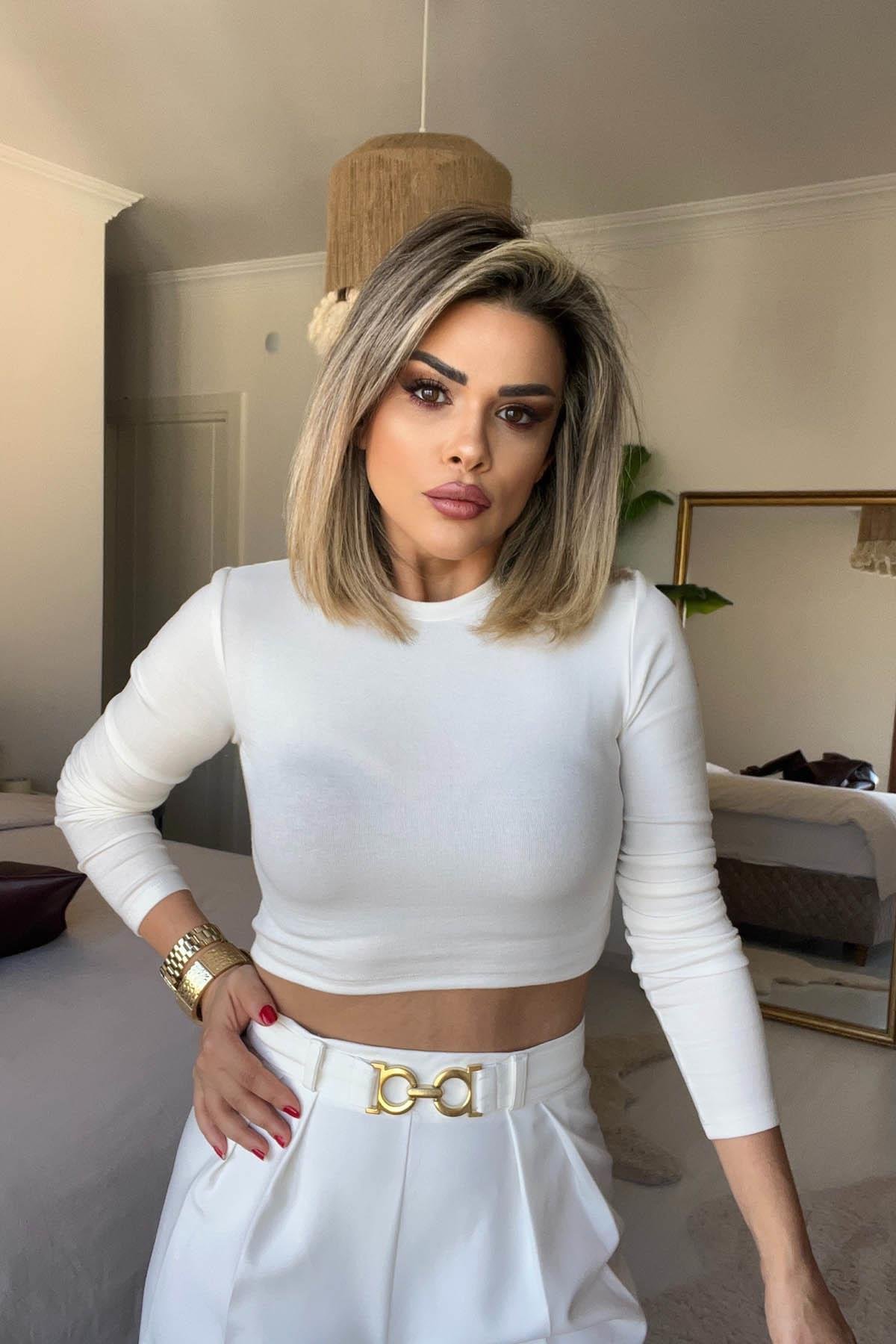 Eswomes Uzun Kollu Crop Top Beyaz