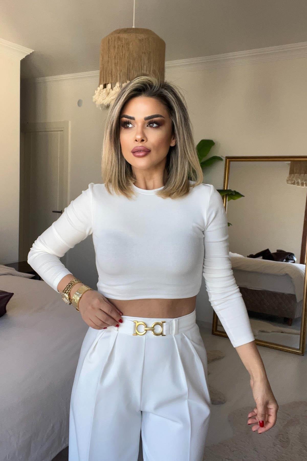 Eswomes Uzun Kollu Crop Top Beyaz