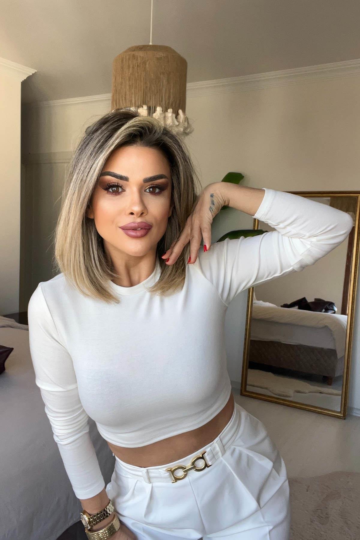 Eswomes Uzun Kollu Crop Top Beyaz