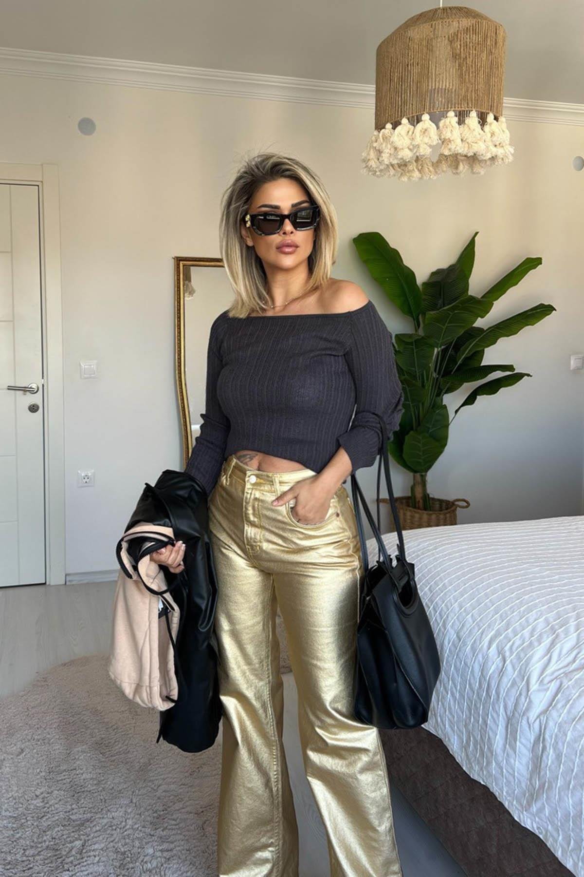 Eswomes Varaklı Straight Pantolon Gold