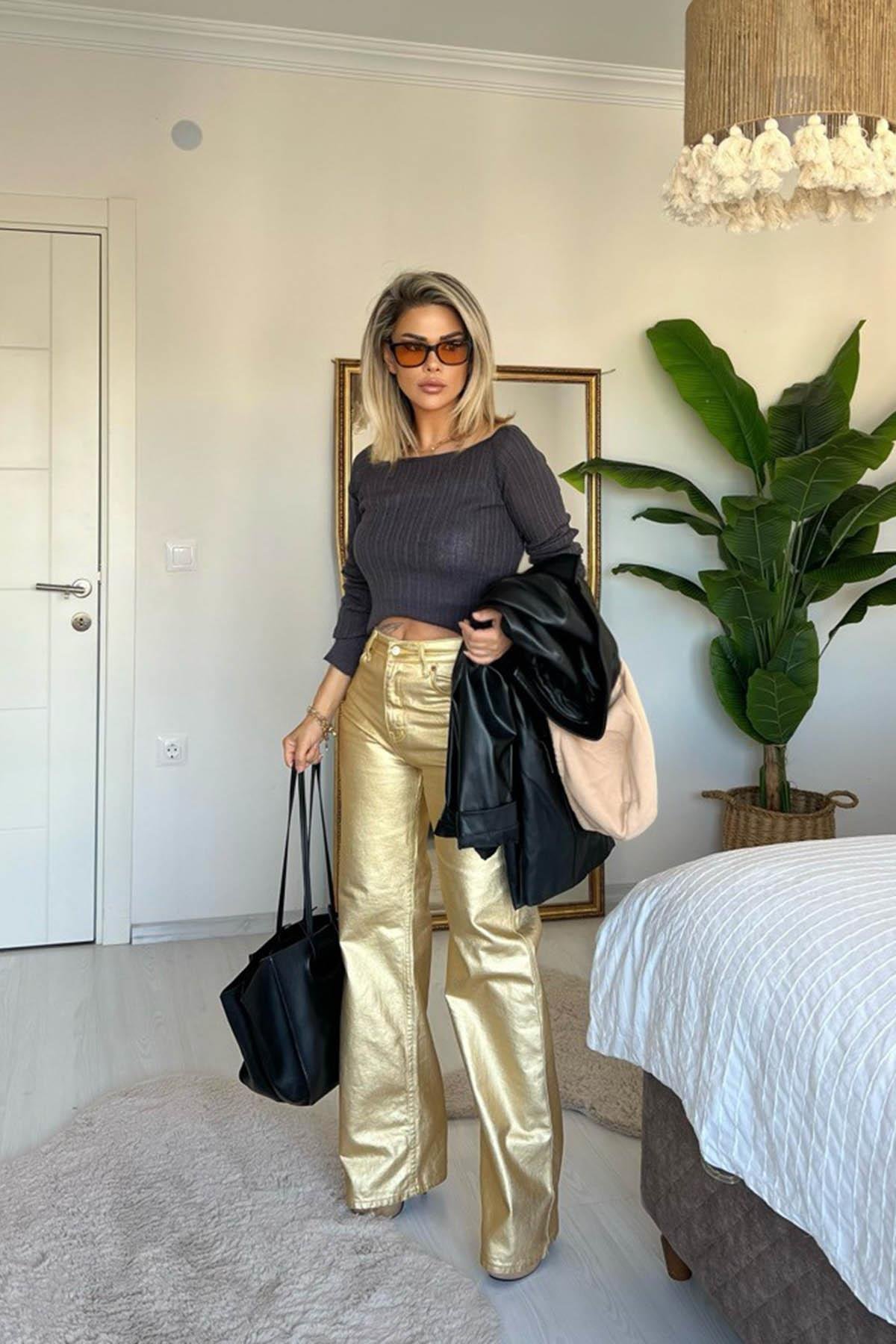 Eswomes Varaklı Straight Pantolon Gold