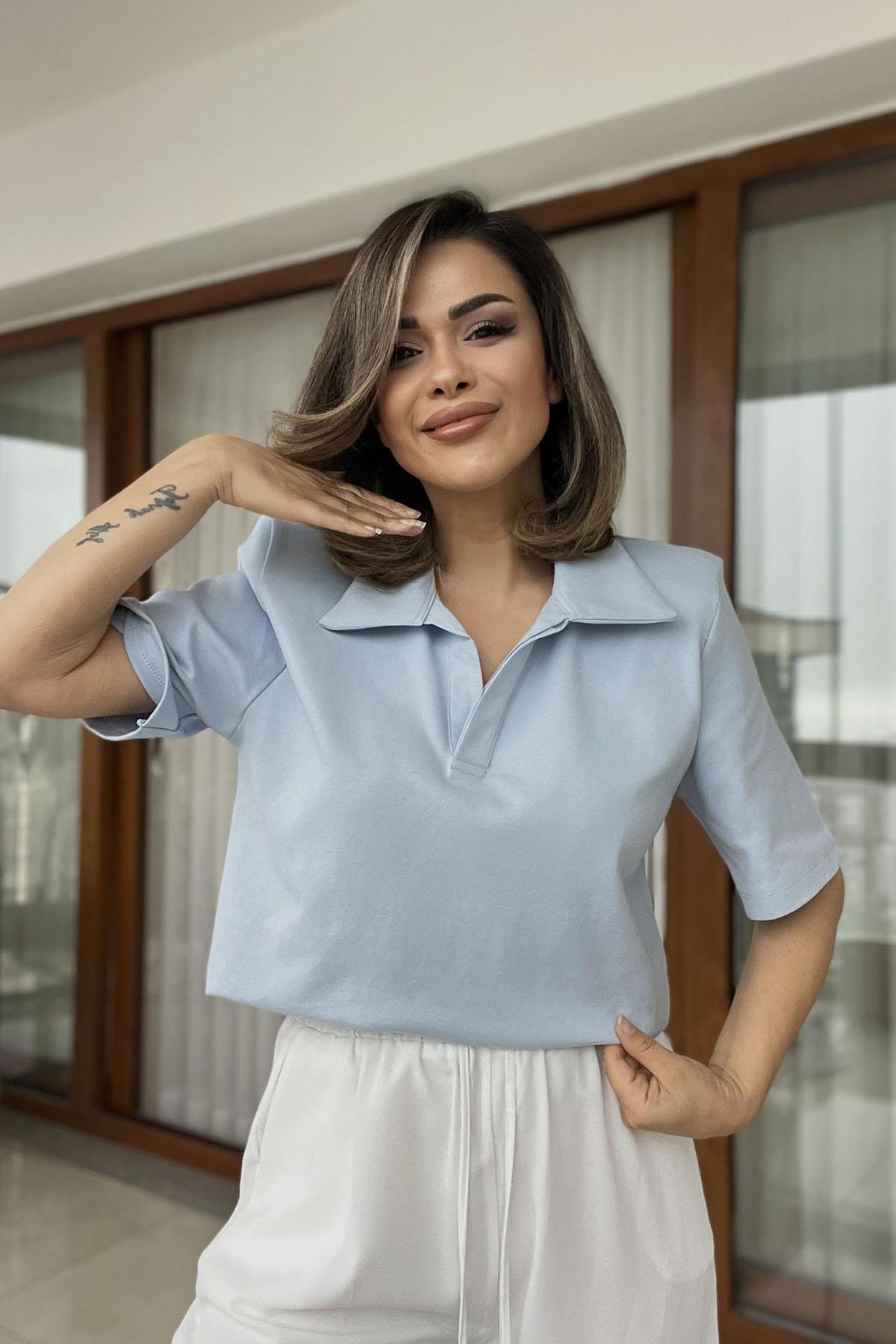 Eswomes Vatkalı Polo Yaka Tişört Bebe Mavisi
