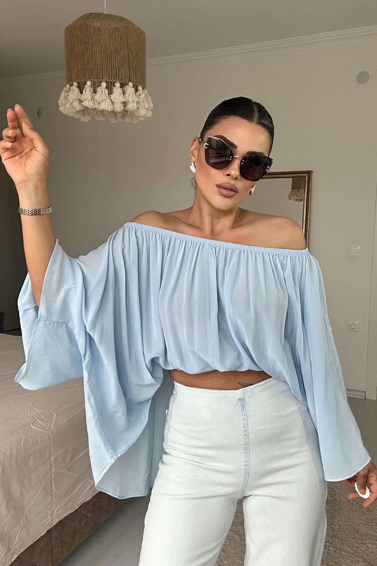 Eswomes Yaka Lastikli Yarasa Kol Oversize Bluz Bebe Mavisi