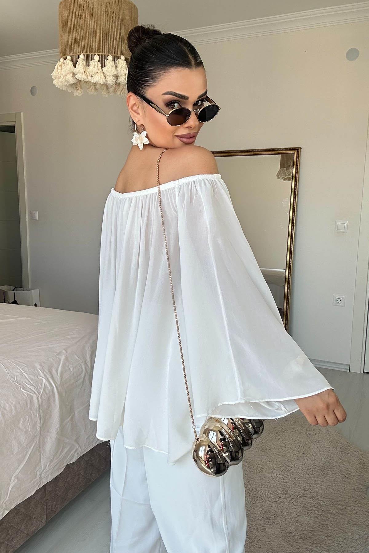 Eswomes Yaka Lastikli Yarasa Kol Oversize Bluz Beyaz