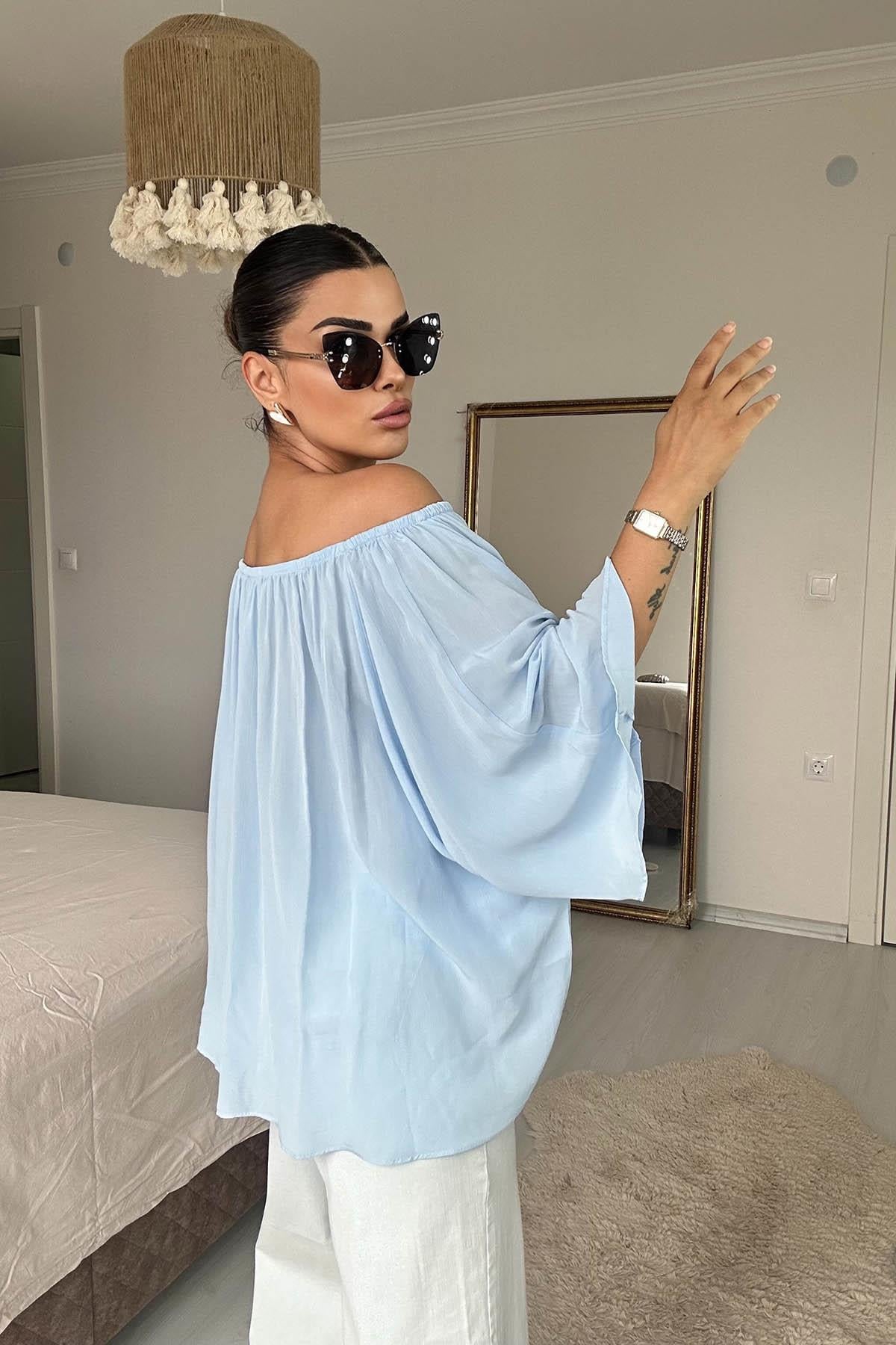 Eswomes Yaka Lastikli Yarasa Kol Oversize Bluz Bebe Mavisi