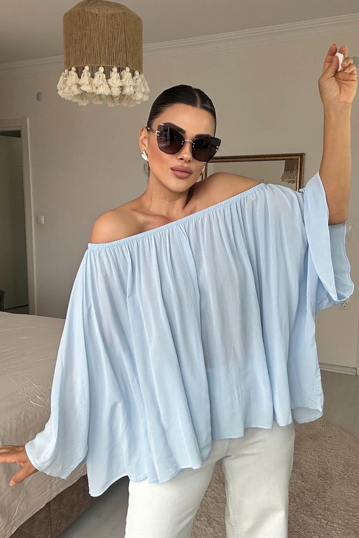 Eswomes Yaka Lastikli Yarasa Kol Oversize Bluz Bebe Mavisi