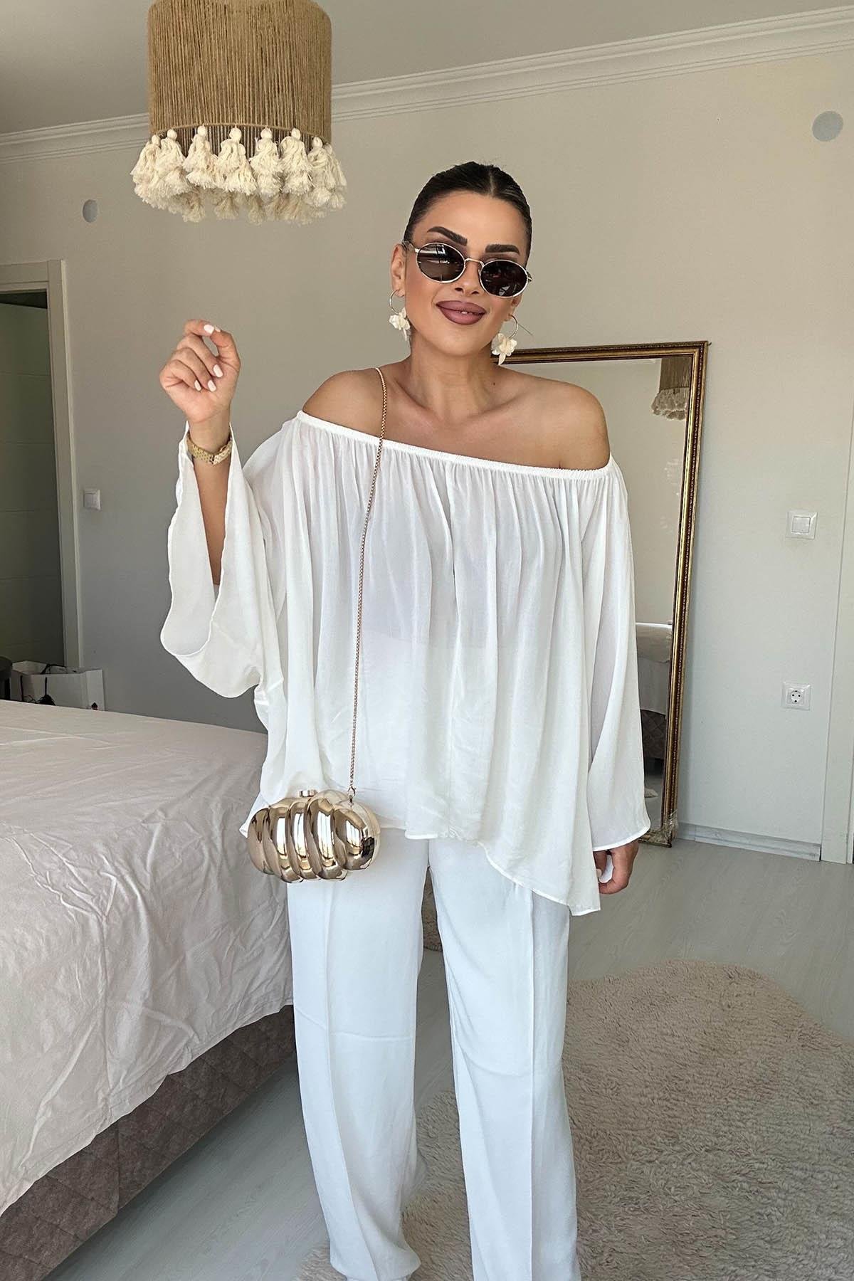 Eswomes Yaka Lastikli Yarasa Kol Oversize Bluz Beyaz
