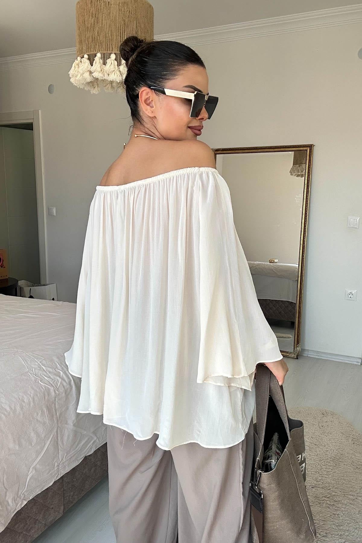 Eswomes Yaka Lastikli Yarasa Kol Oversize Bluz Ekru