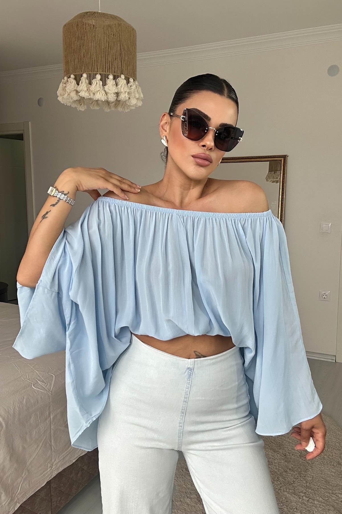 Eswomes Yaka Lastikli Yarasa Kol Oversize Bluz Bebe Mavisi