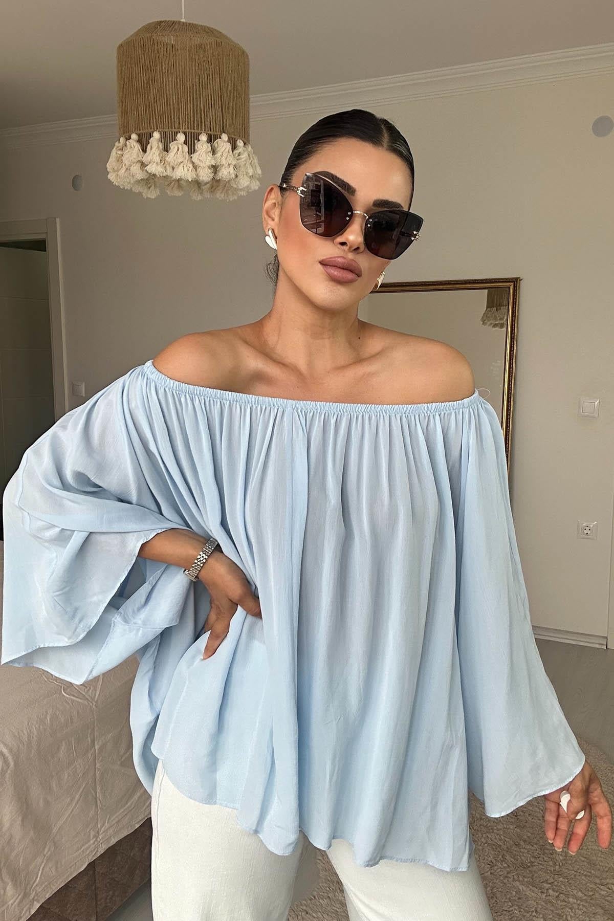 Eswomes Yaka Lastikli Yarasa Kol Oversize Bluz Bebe Mavisi