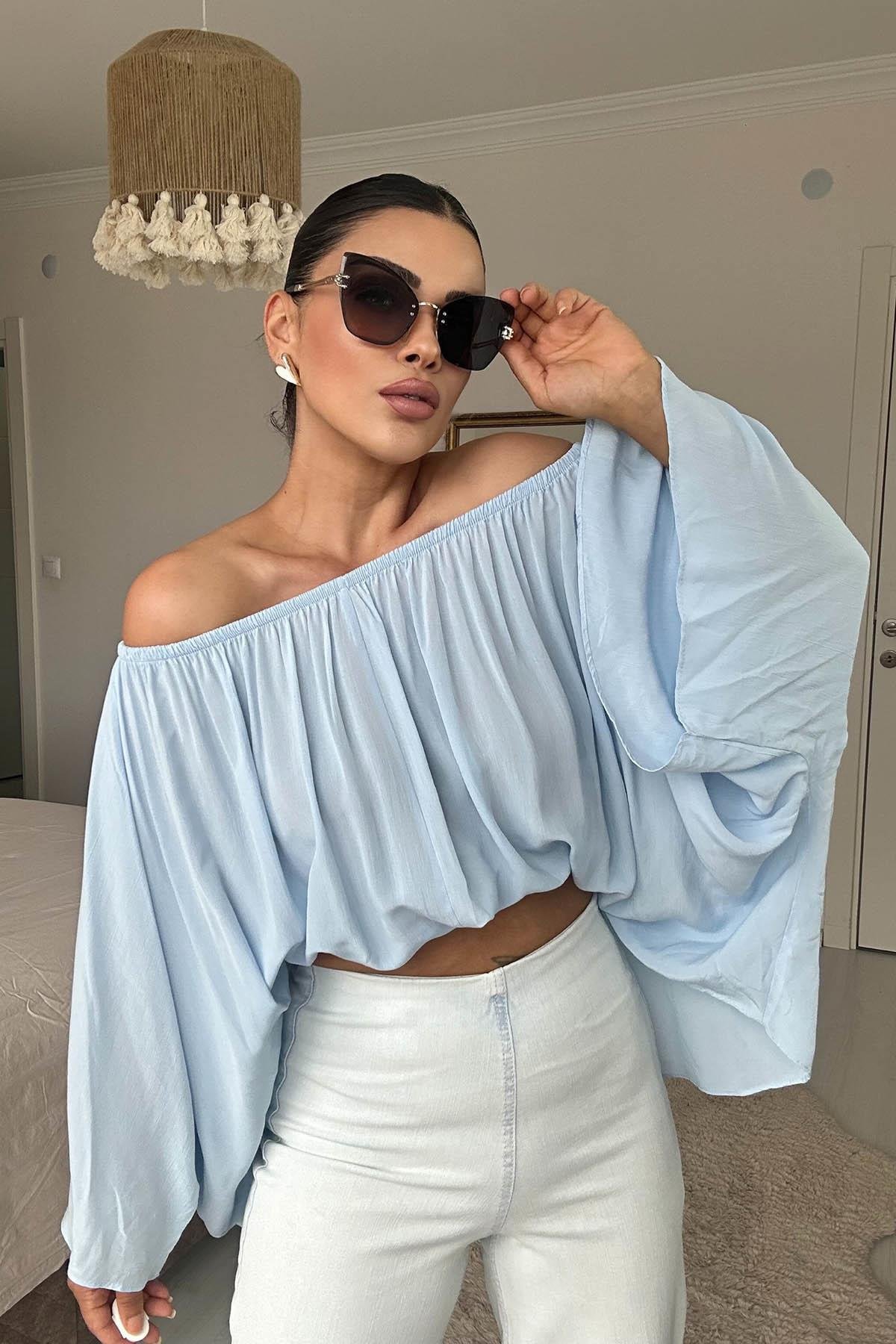 Eswomes Yaka Lastikli Yarasa Kol Oversize Bluz Bebe Mavisi