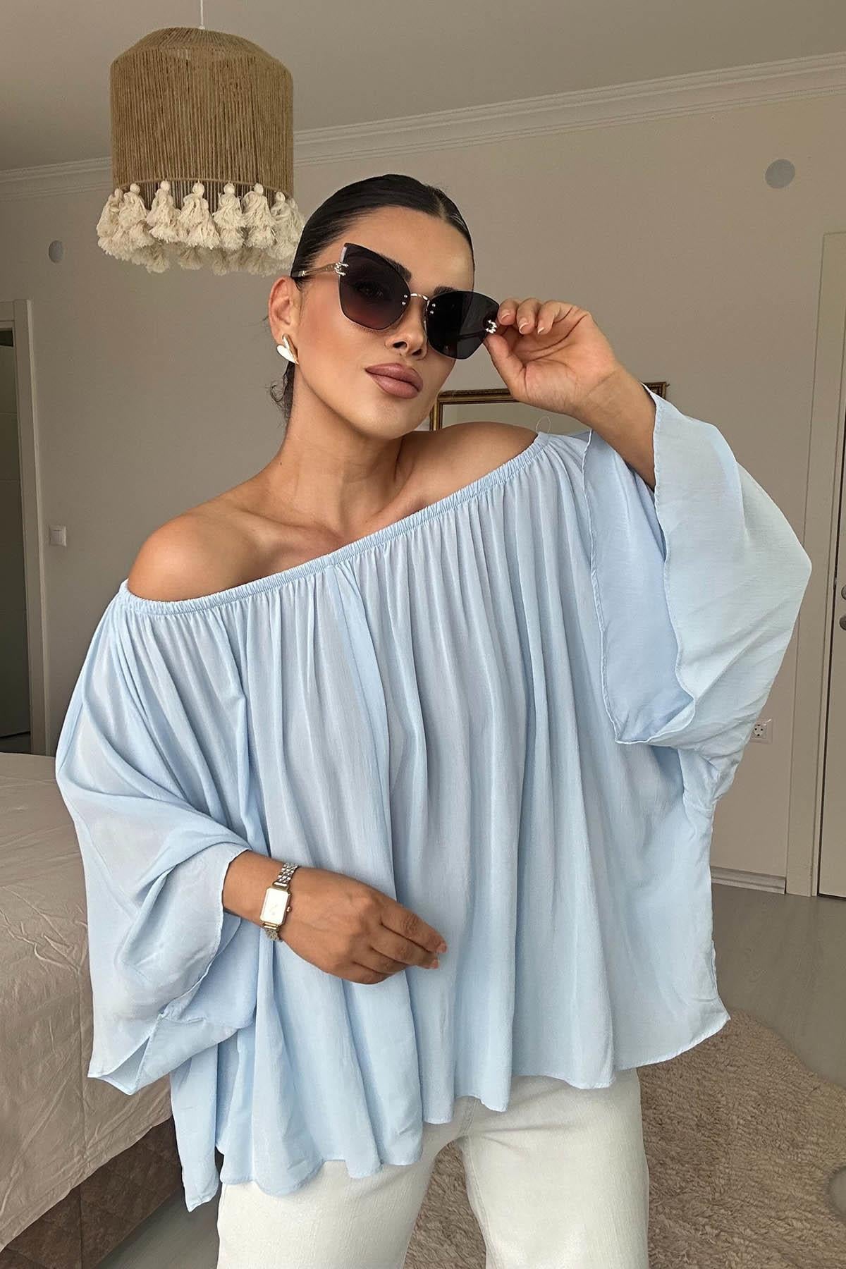 Eswomes Yaka Lastikli Yarasa Kol Oversize Bluz Bebe Mavisi
