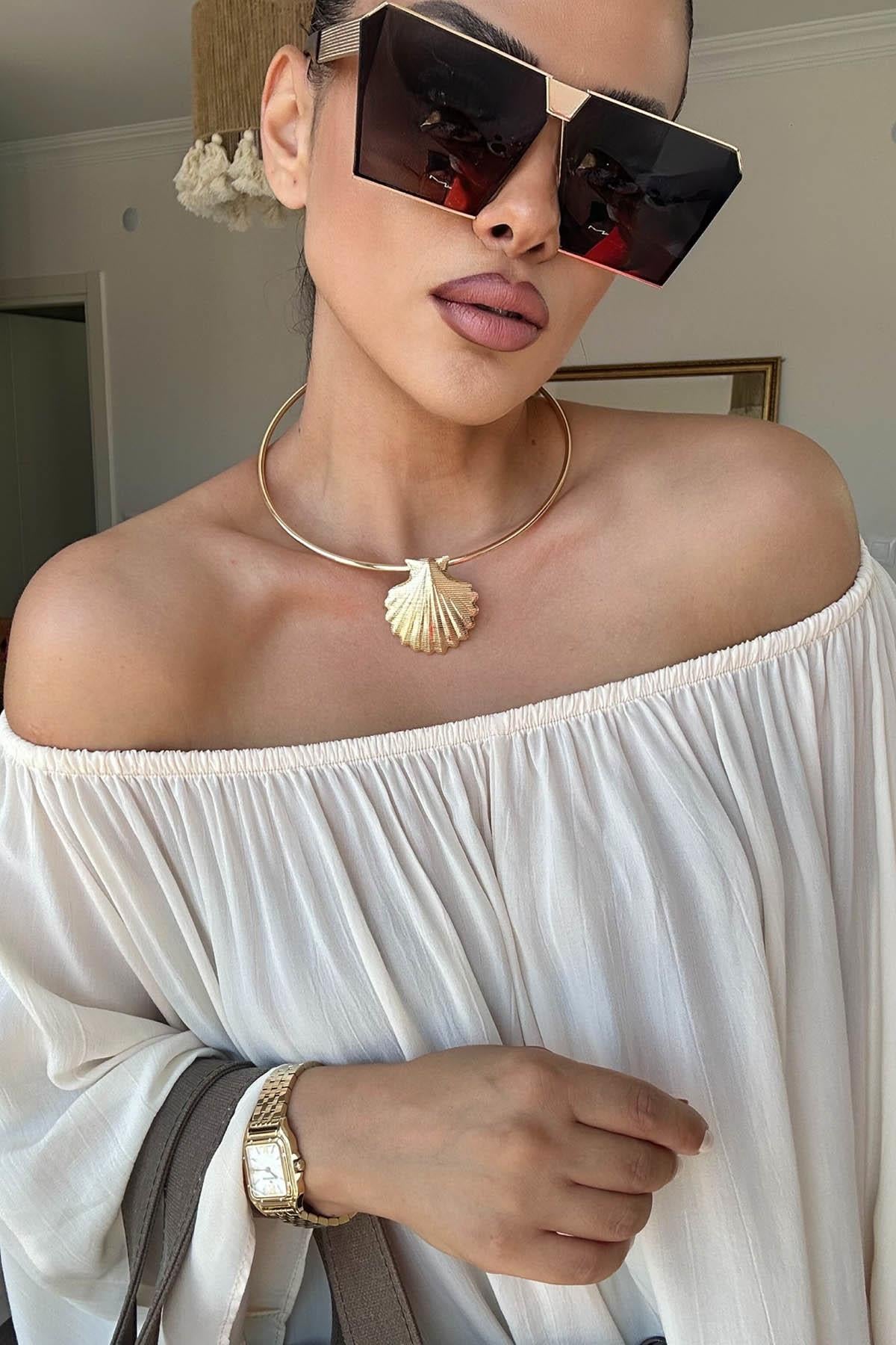 Eswomes Yaka Lastikli Yarasa Kol Oversize Bluz Ekru