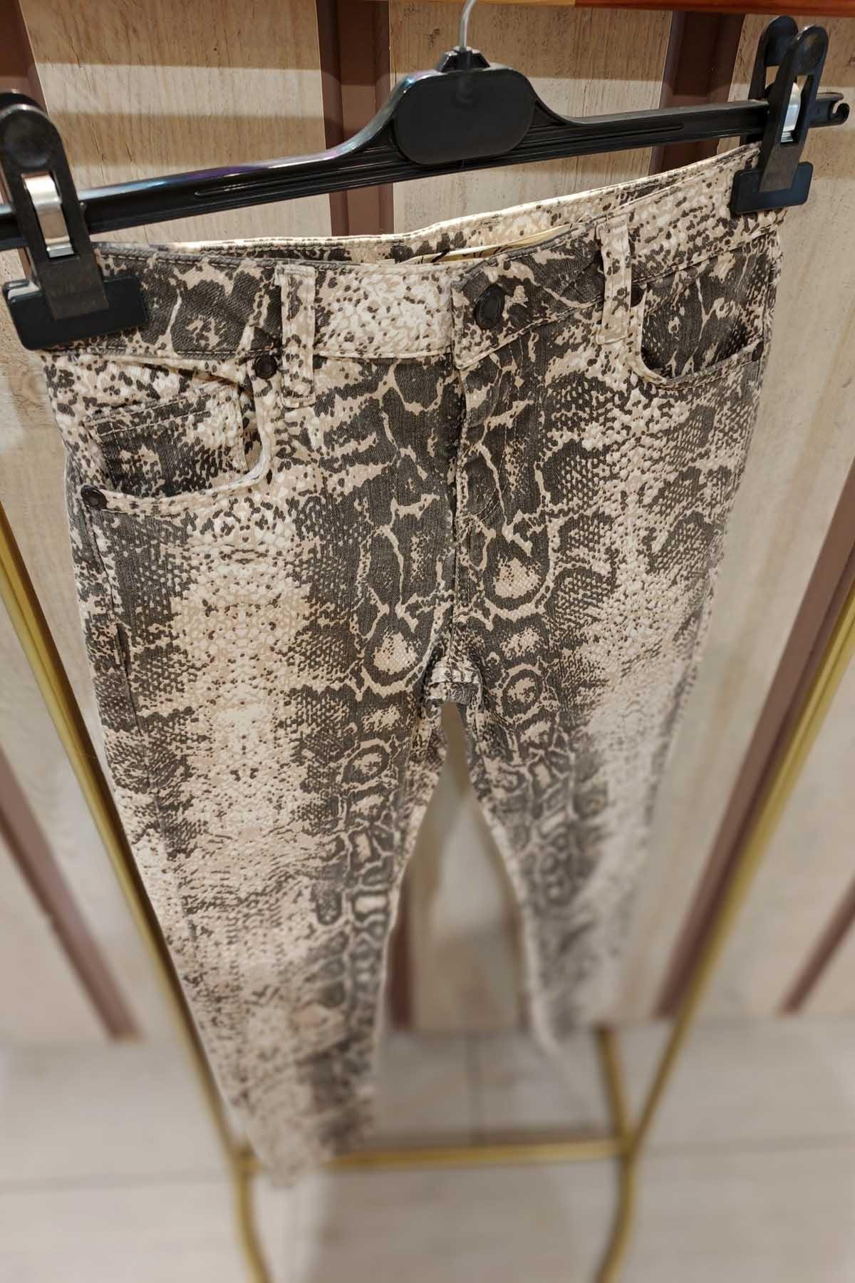 Eswomes Yılan Desen Slim Pantolon Bej