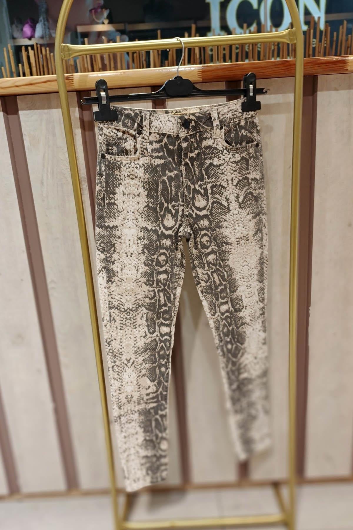 Eswomes Yılan Desen Slim Pantolon Bej
