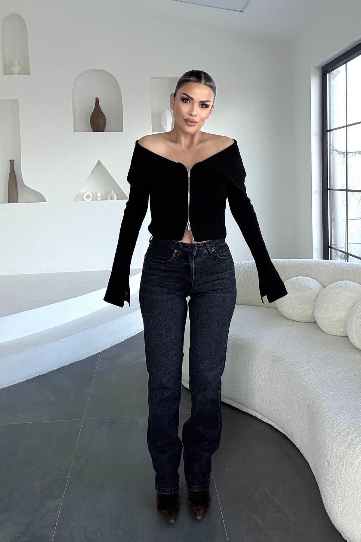 Eswomes Yüksek Bel  Straight Jean Füme